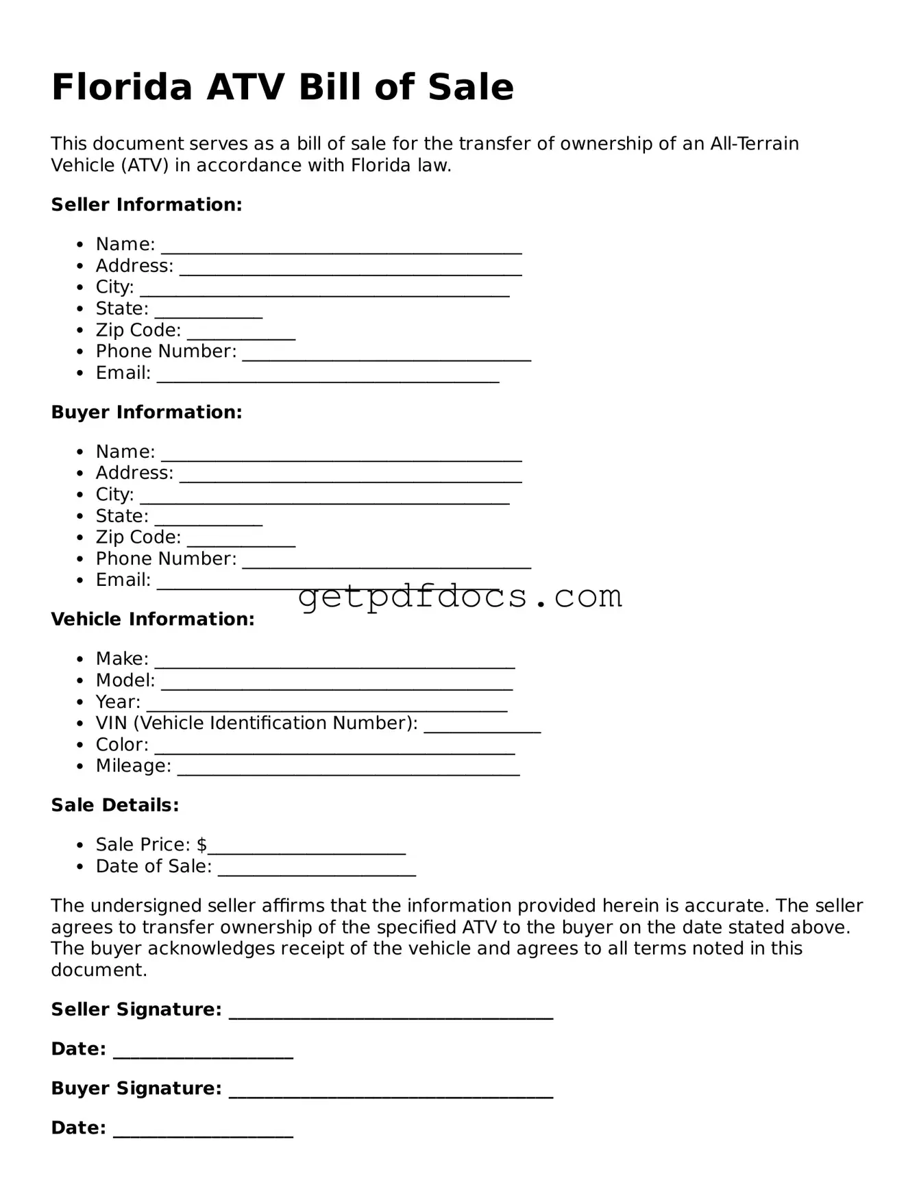 Attorney-Approved ATV Bill of Sale Form for Florida State