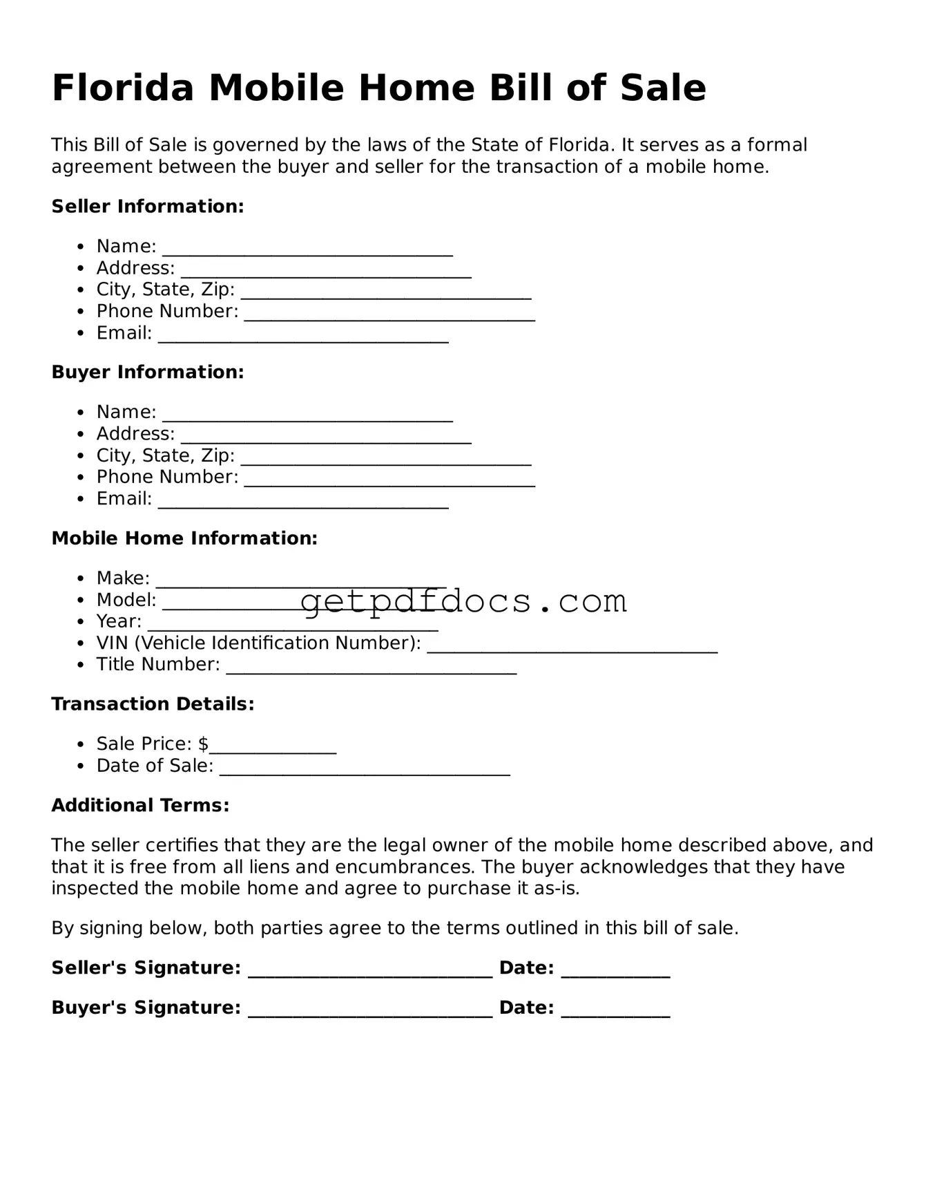 Attorney-Approved Mobile Home Bill of Sale Form for Florida State