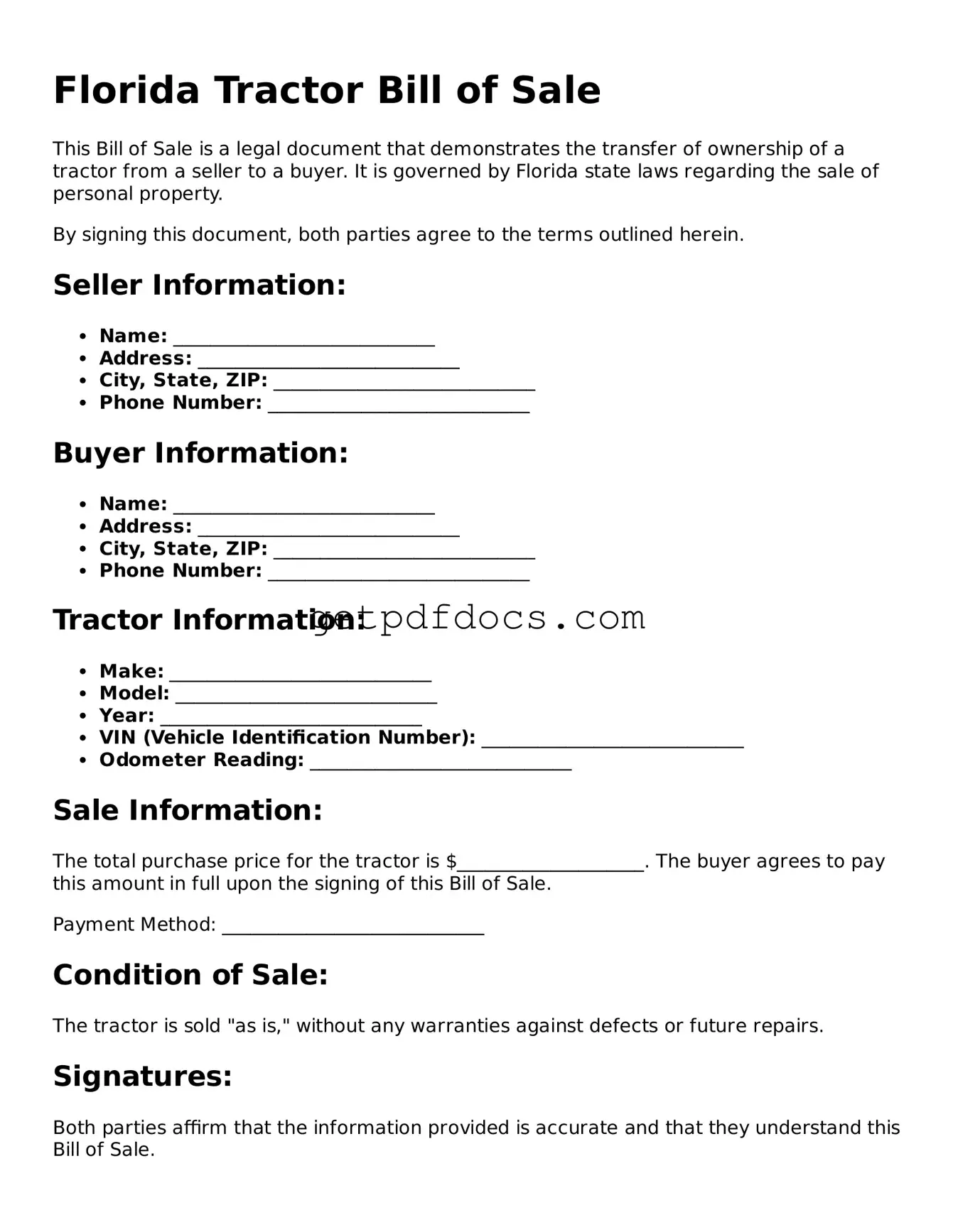 Attorney-Approved Tractor Bill of Sale Form for Florida State