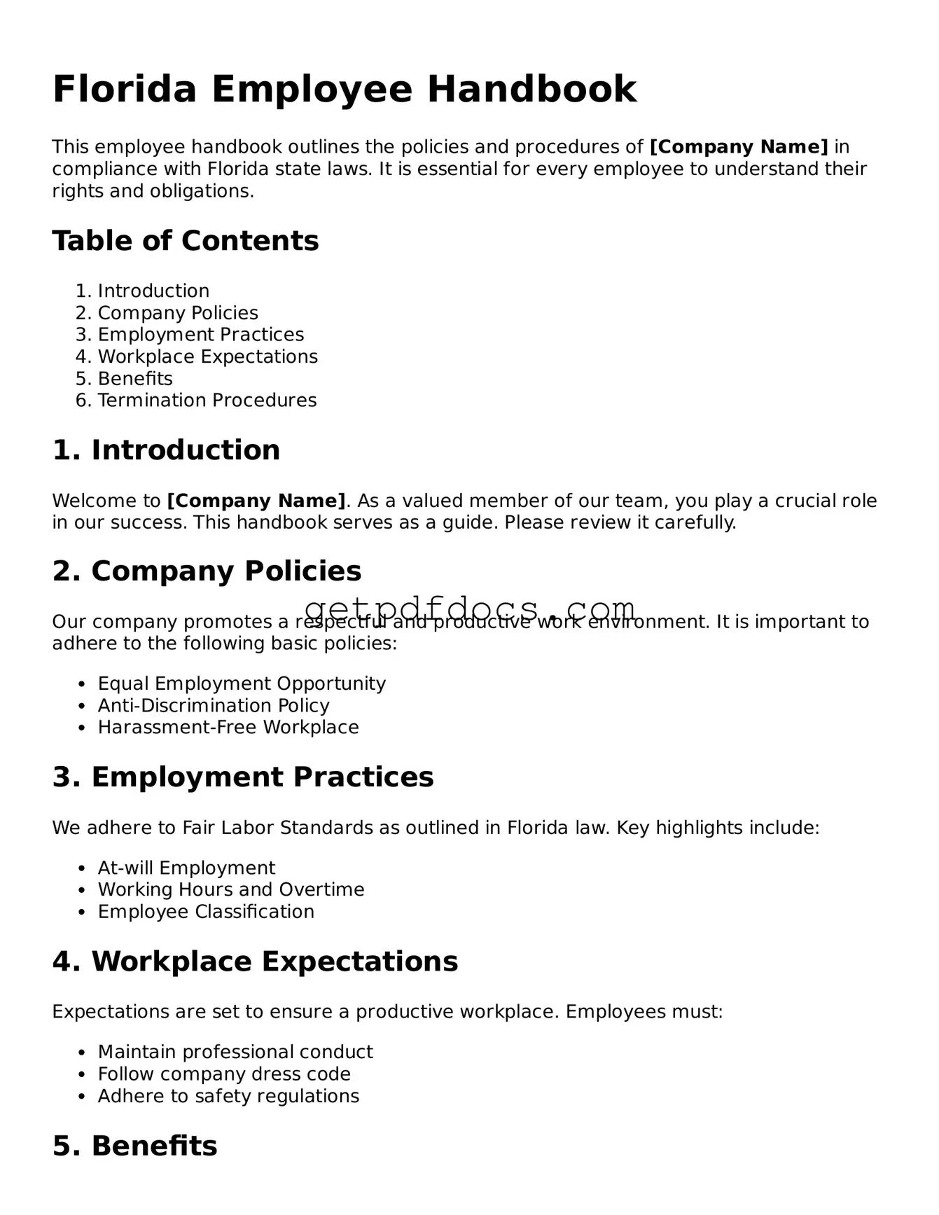 Attorney-Approved Employee Handbook Form for Florida State