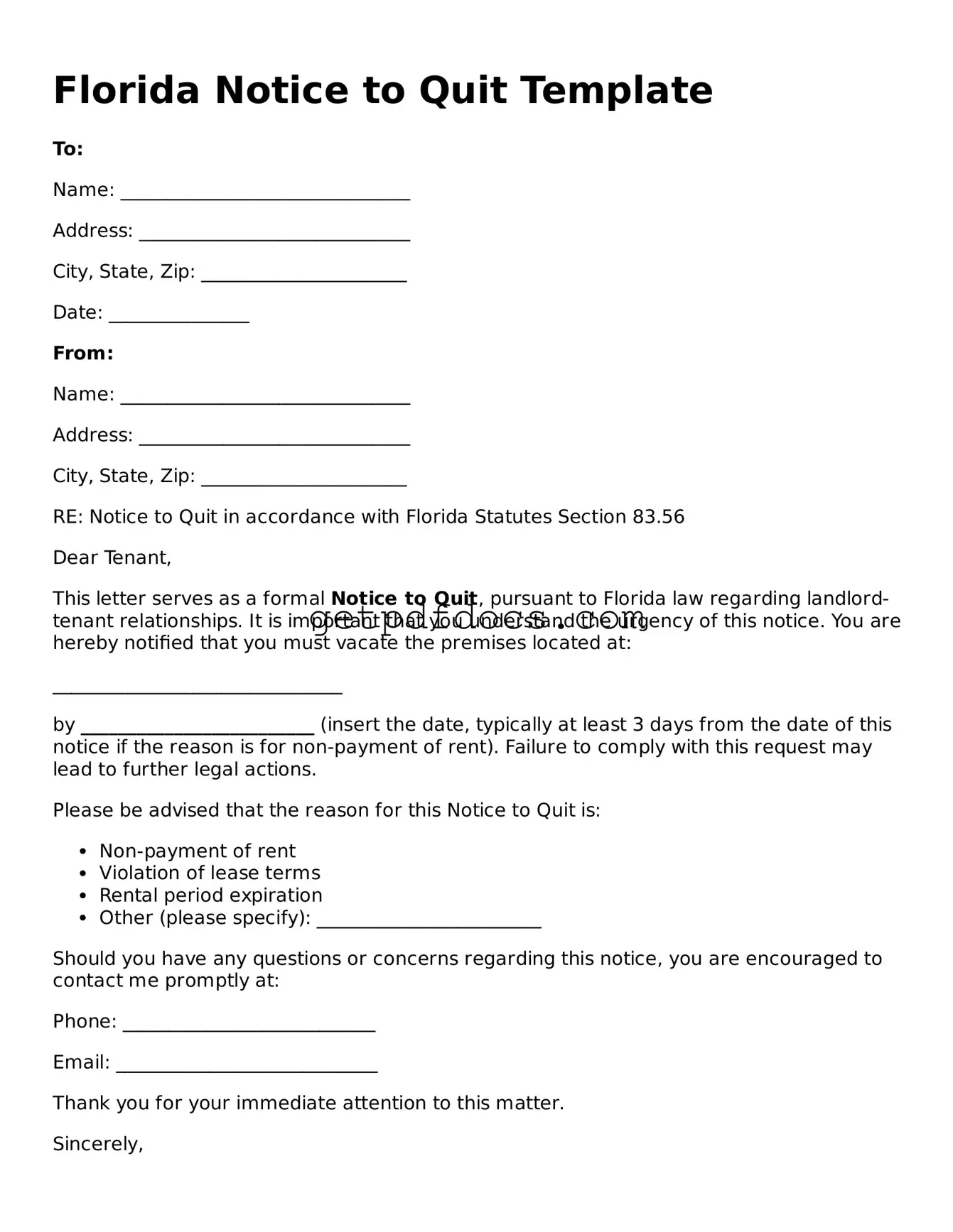 Attorney-Approved Notice to Quit Form for Florida State