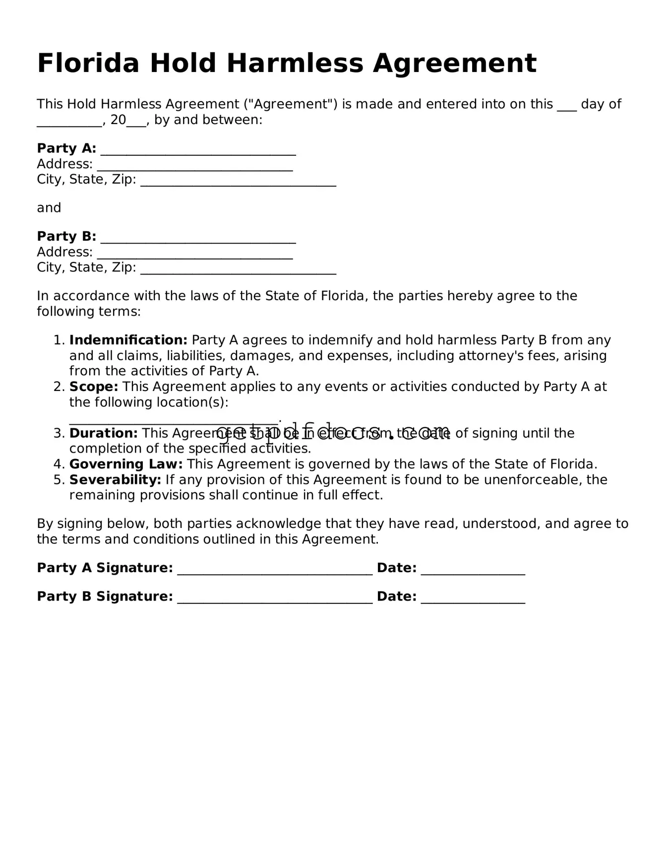 Attorney-Approved Hold Harmless Agreement Form for Florida State