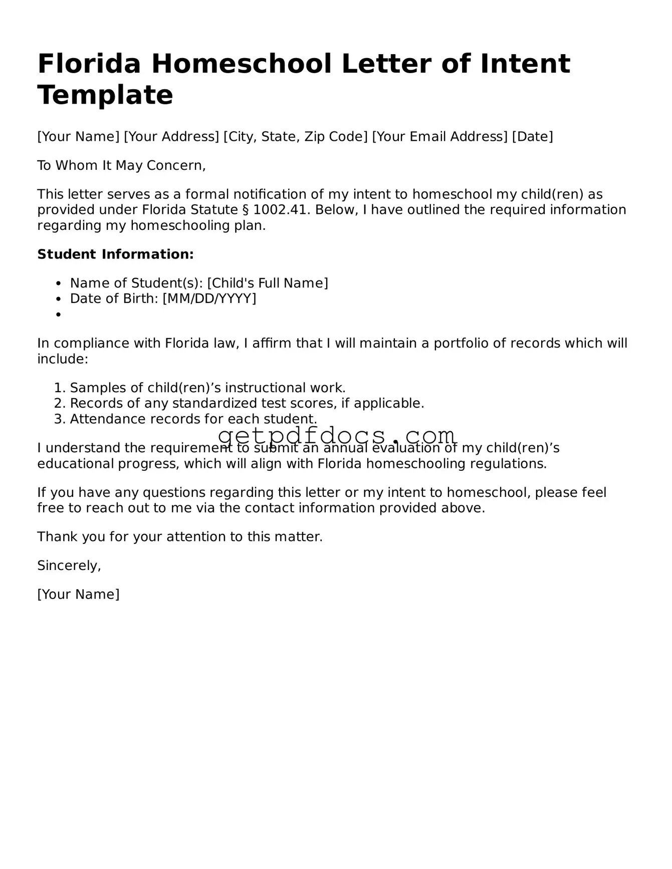 Attorney-Approved Homeschool Letter of Intent Form for Florida State