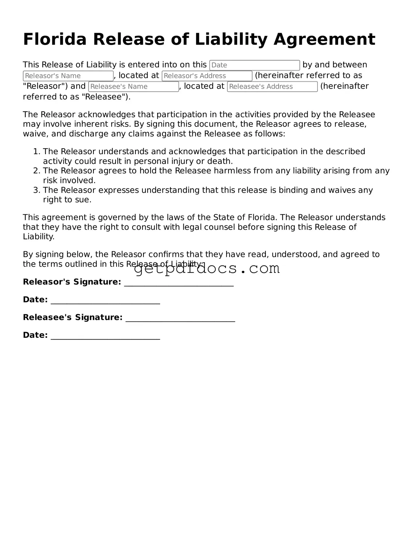 Attorney-Approved Release of Liability Form for Florida State