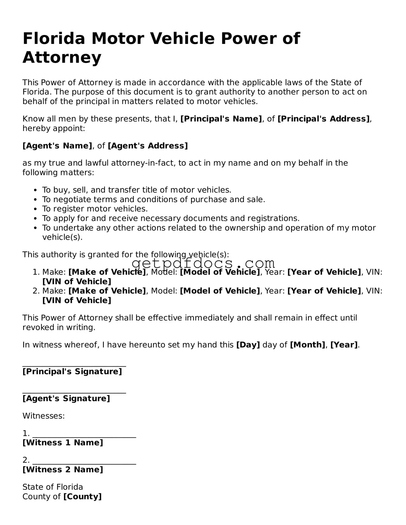 Attorney-Approved Motor Vehicle Power of Attorney Form for Florida State