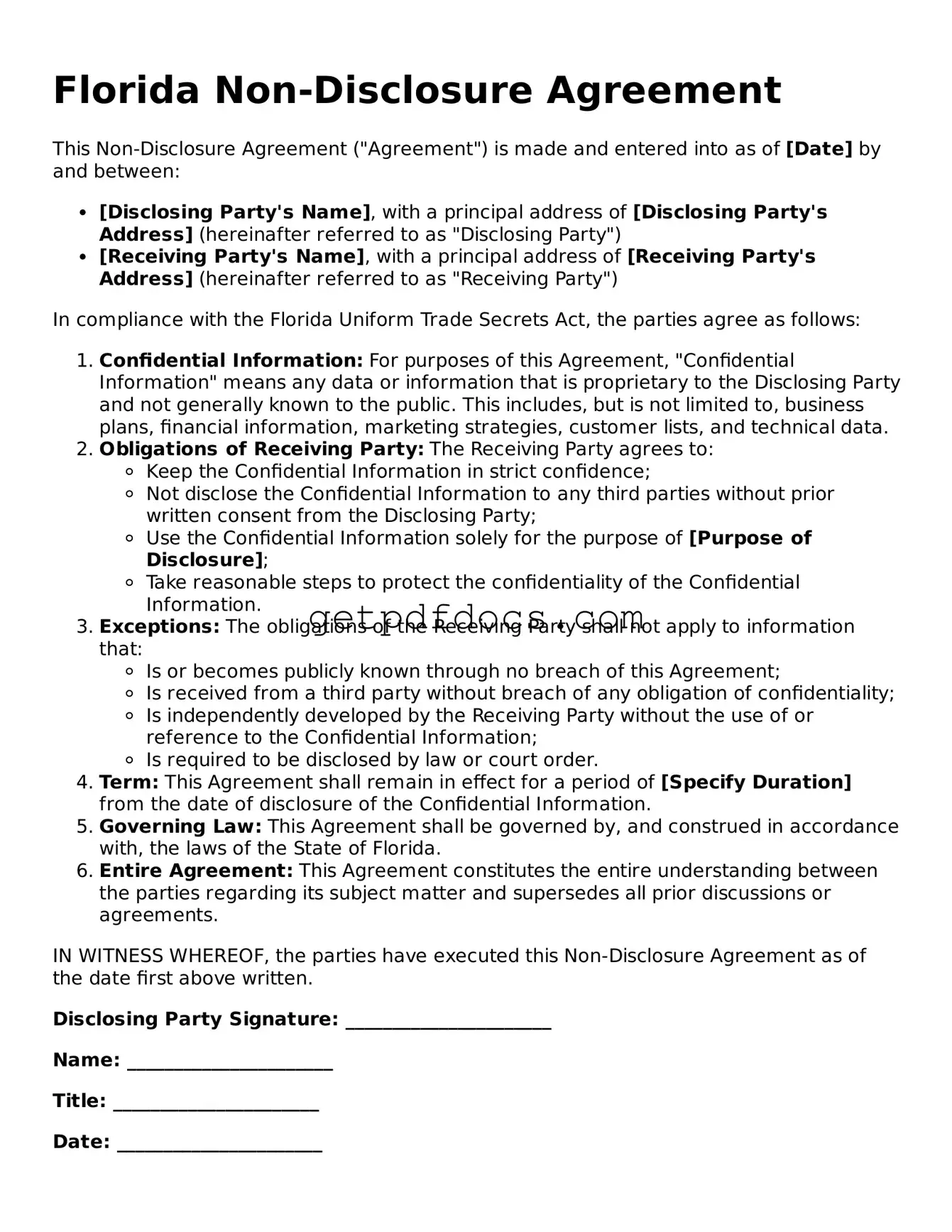 Attorney-Approved Non-disclosure Agreement Form for Florida State
