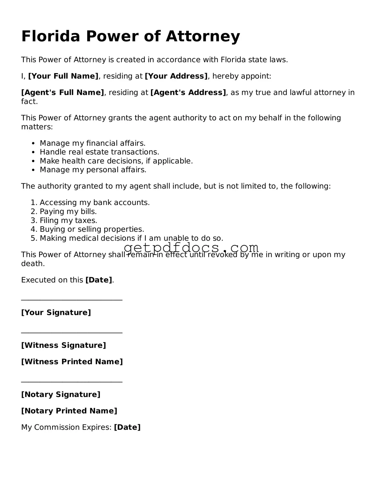Attorney-Approved Power of Attorney Form for Florida State