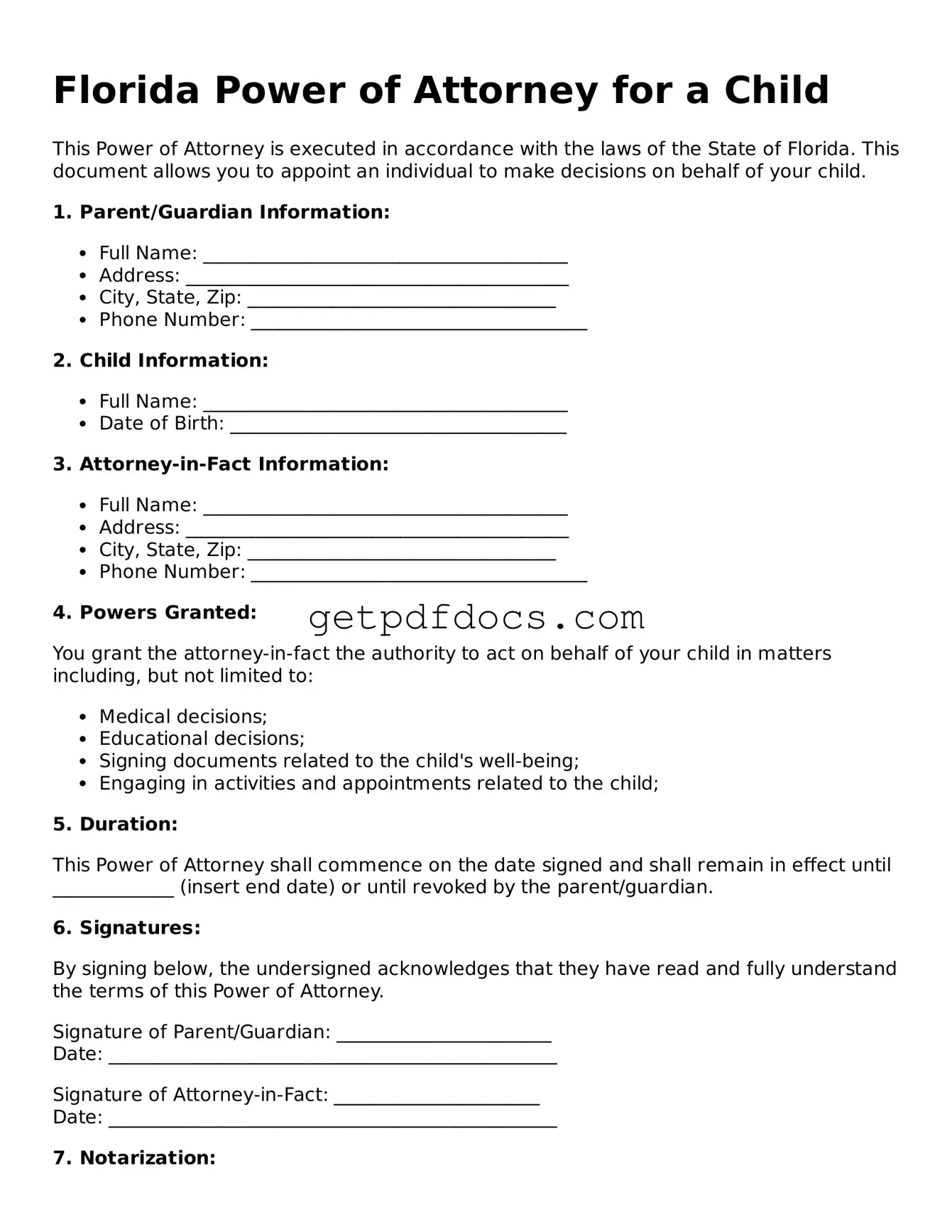 Attorney-Approved Power of Attorney for a Child Form for Florida State