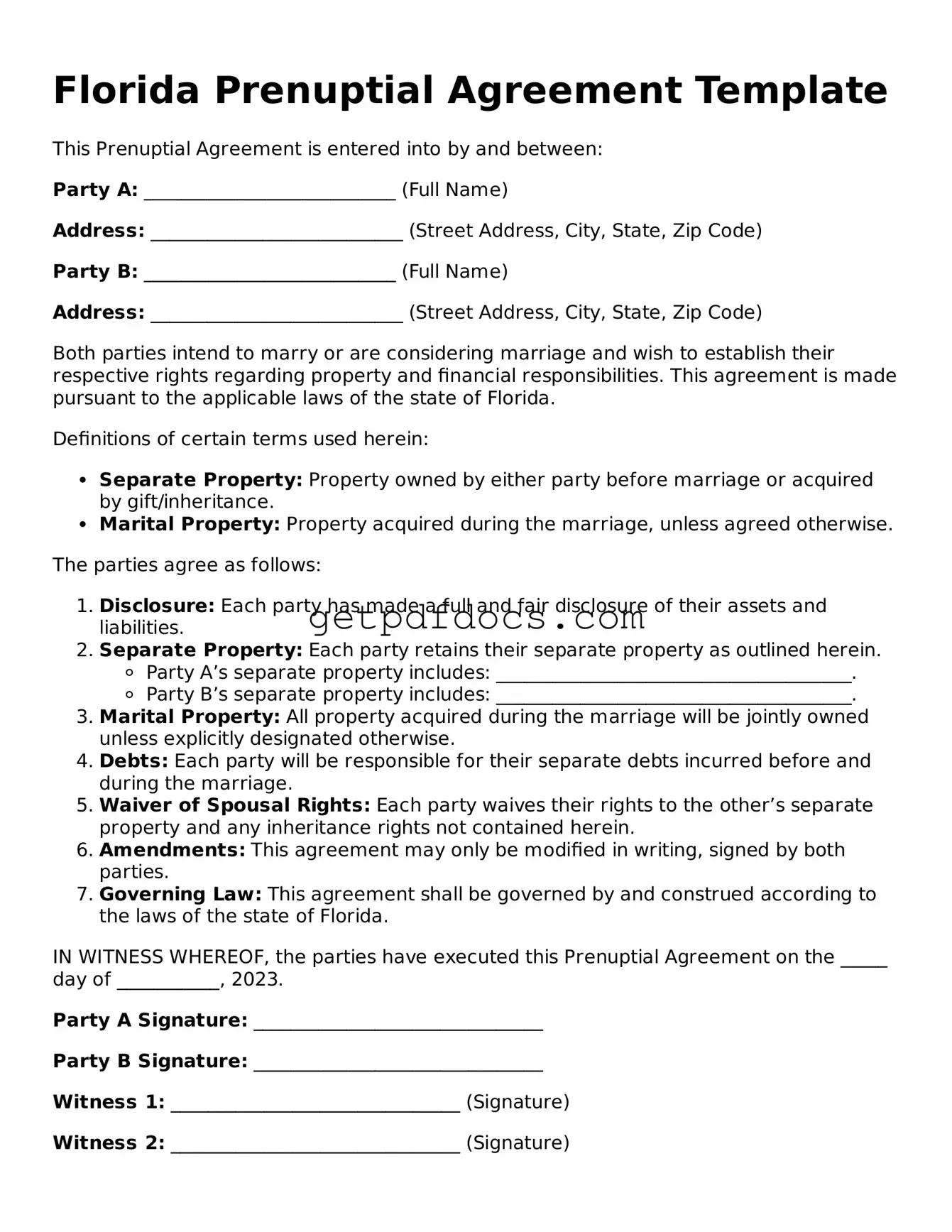 Attorney-Approved Prenuptial Agreement Form for Florida State