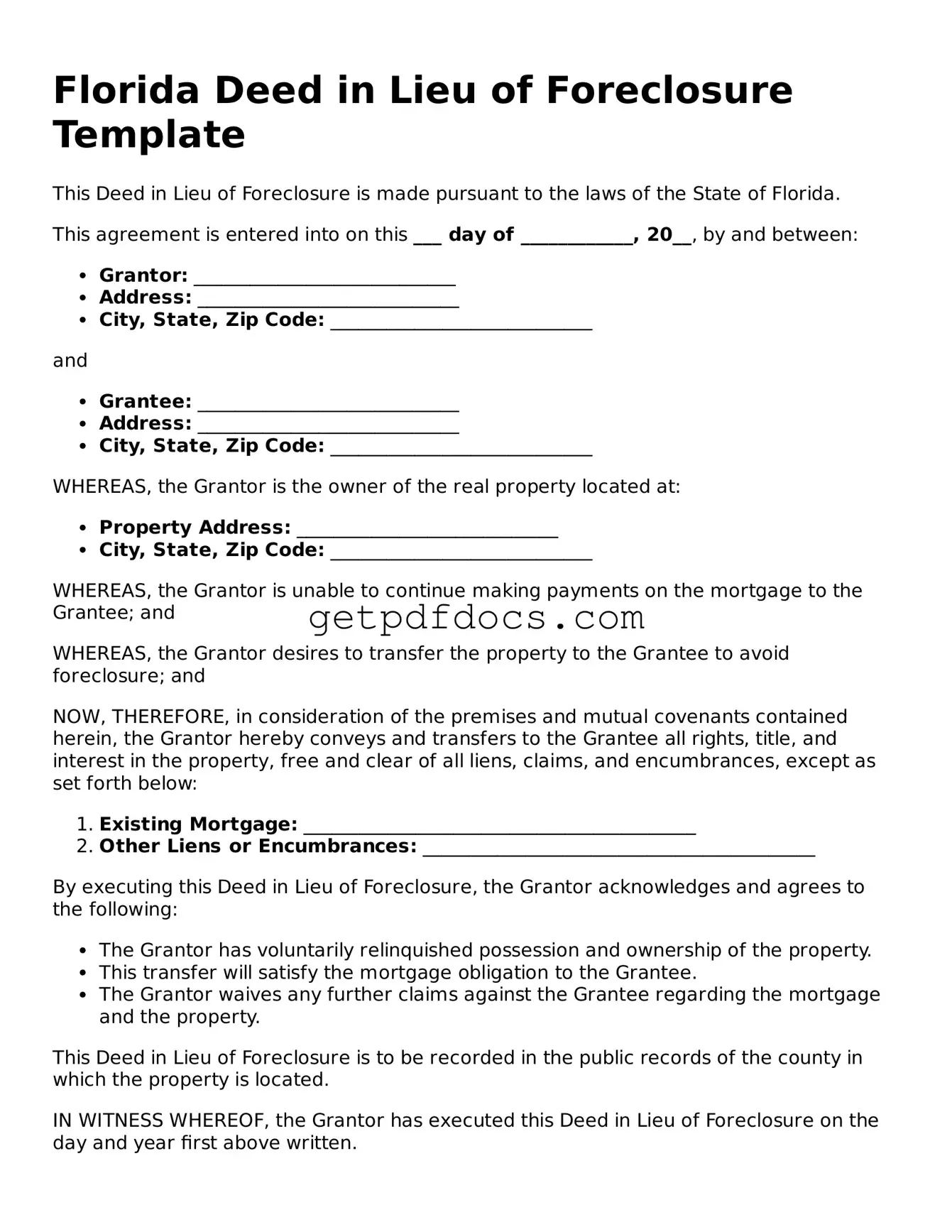Attorney-Approved Deed in Lieu of Foreclosure Form for Florida State