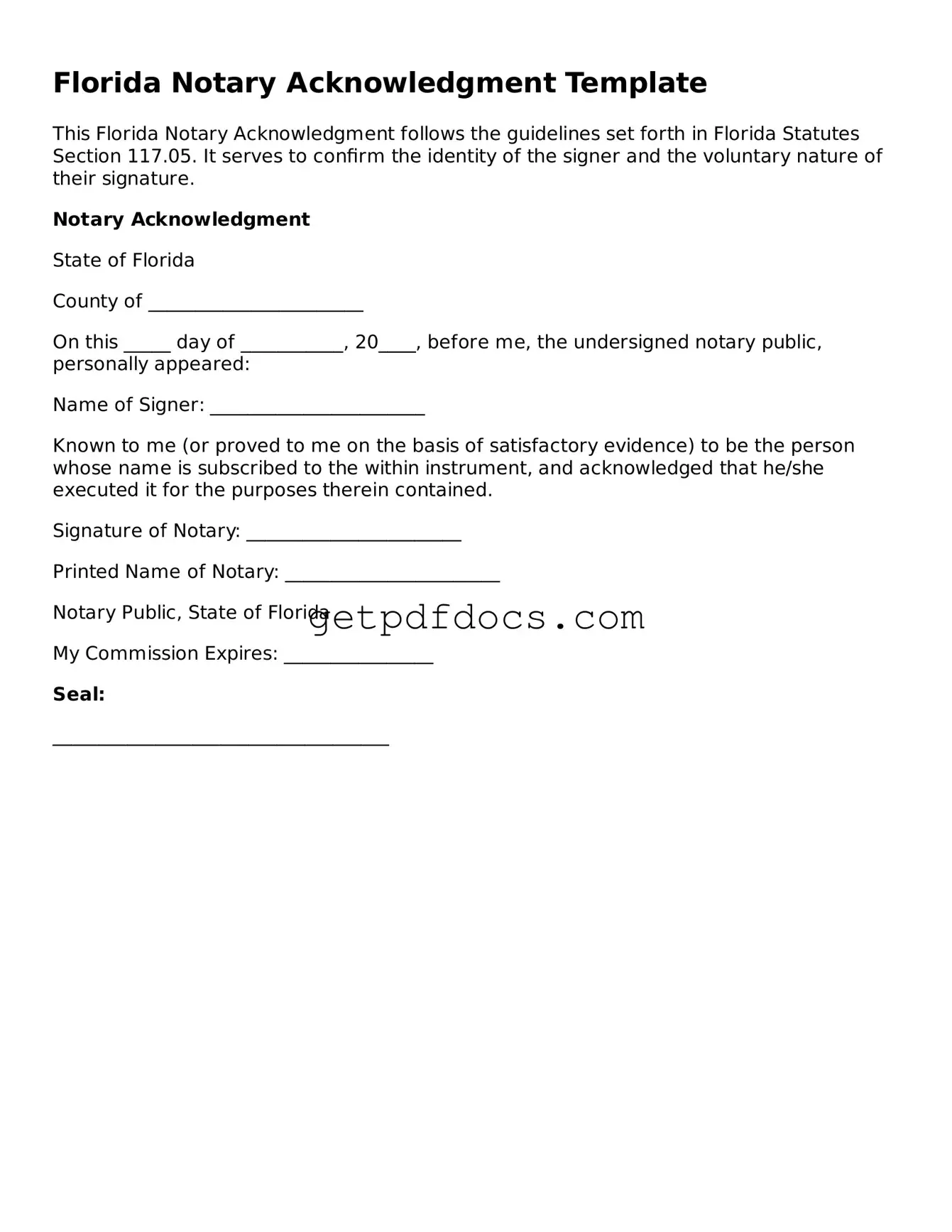 Attorney-Approved Notary Acknowledgement Form for Florida State