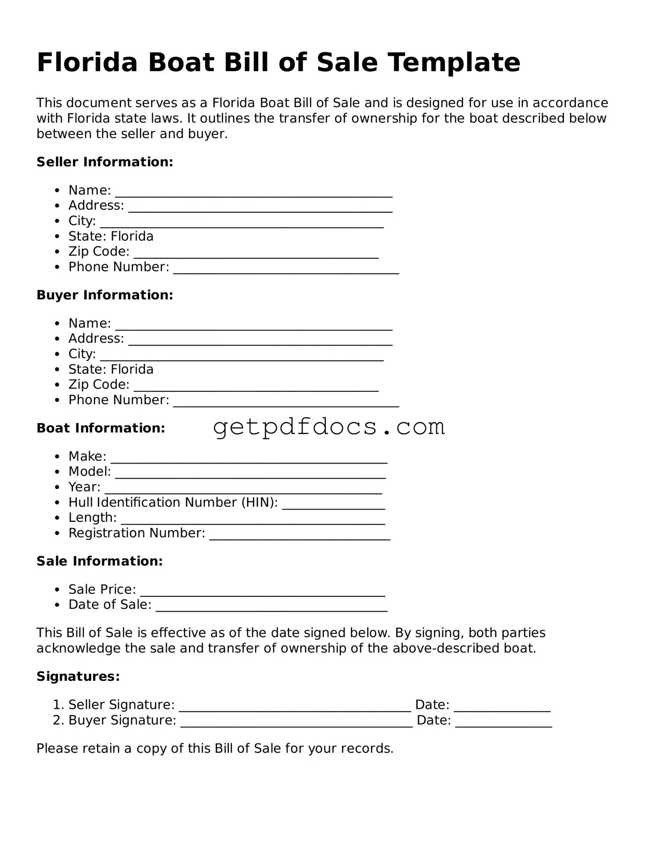 Attorney-Approved Boat Bill of Sale Form for Florida State