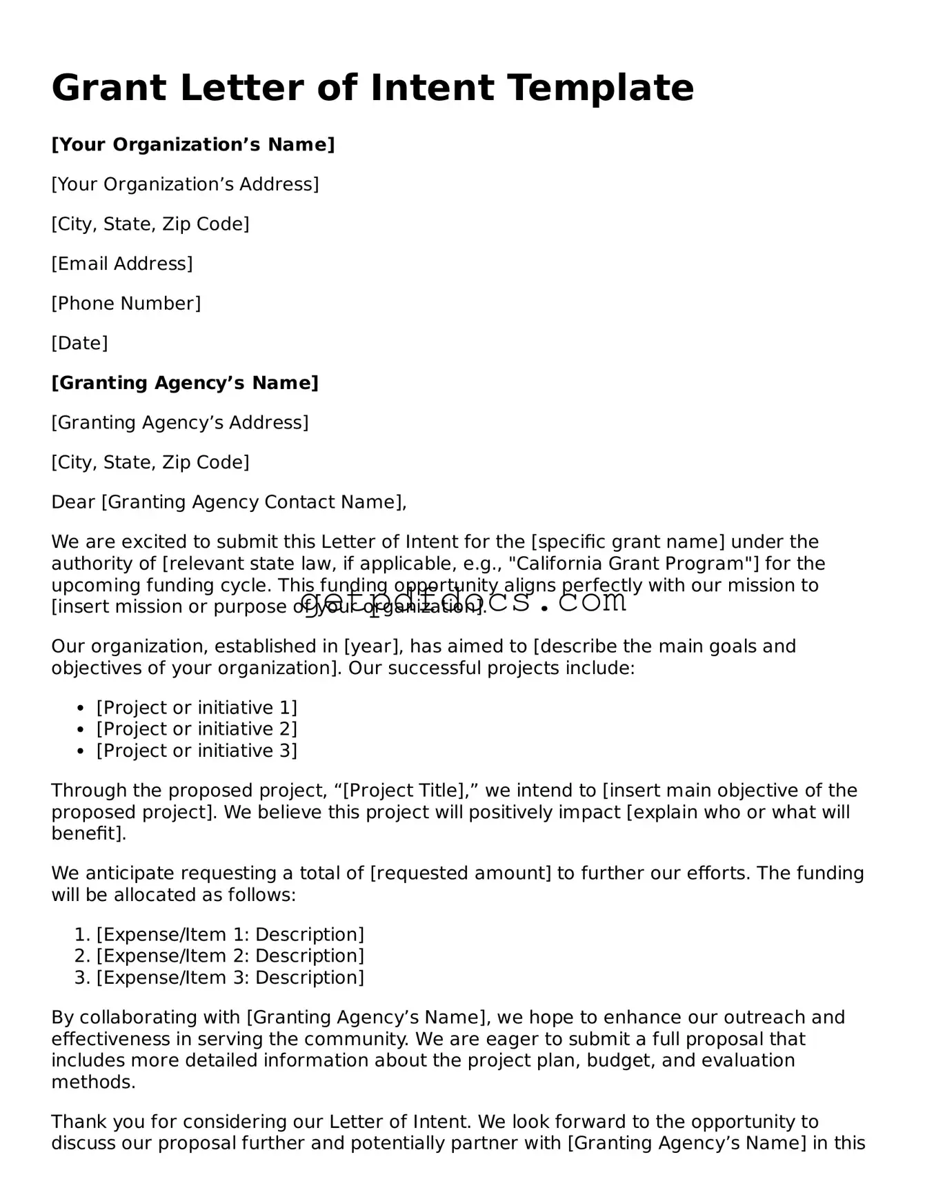 Printable Grant Letter of Intent Template