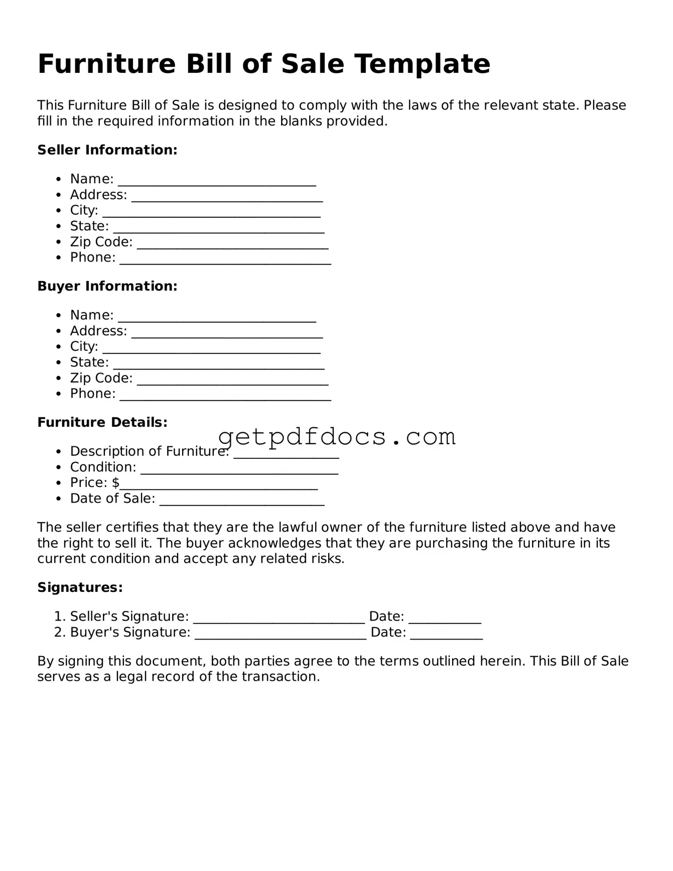 Printable Furniture Bill of Sale Template