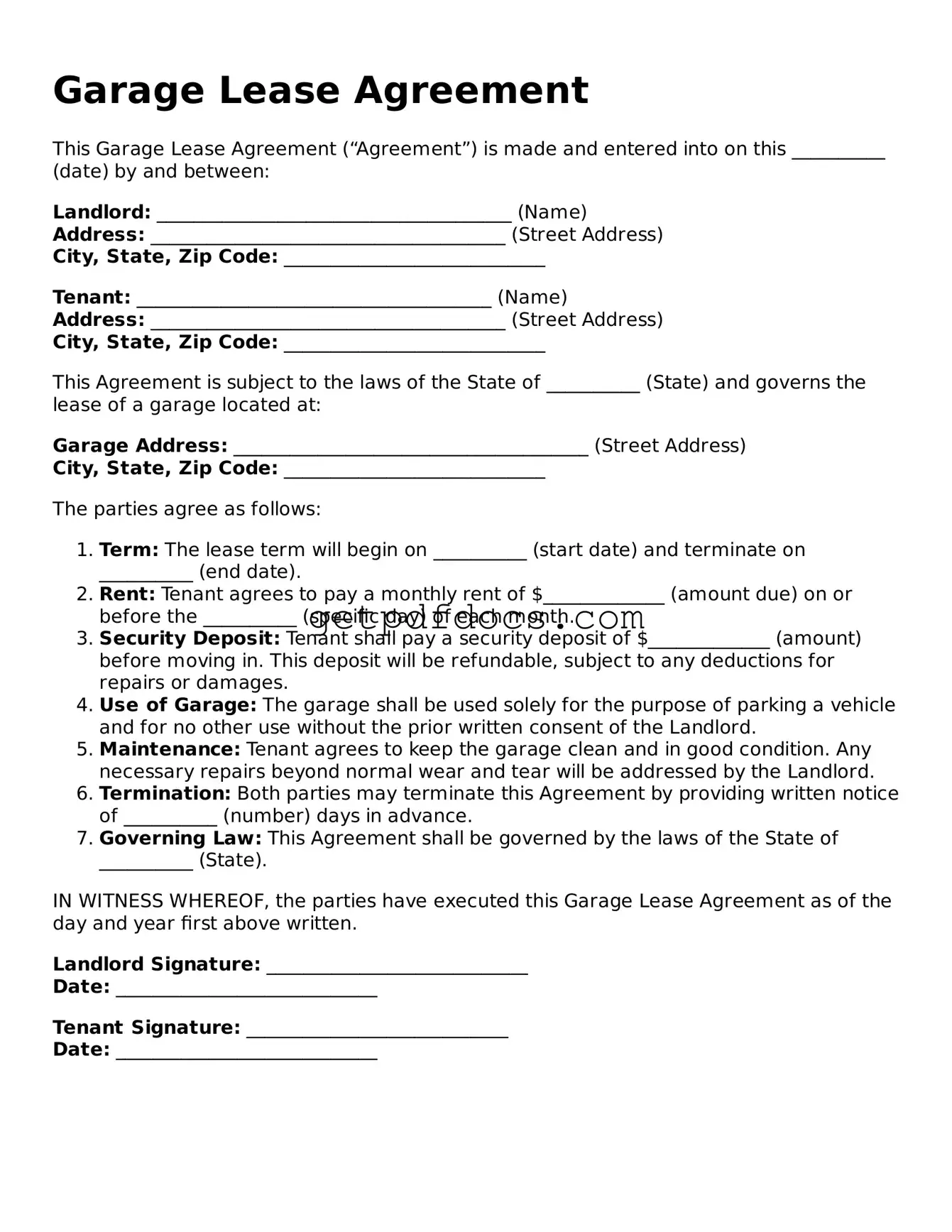 Printable Garage Lease Agreement Template