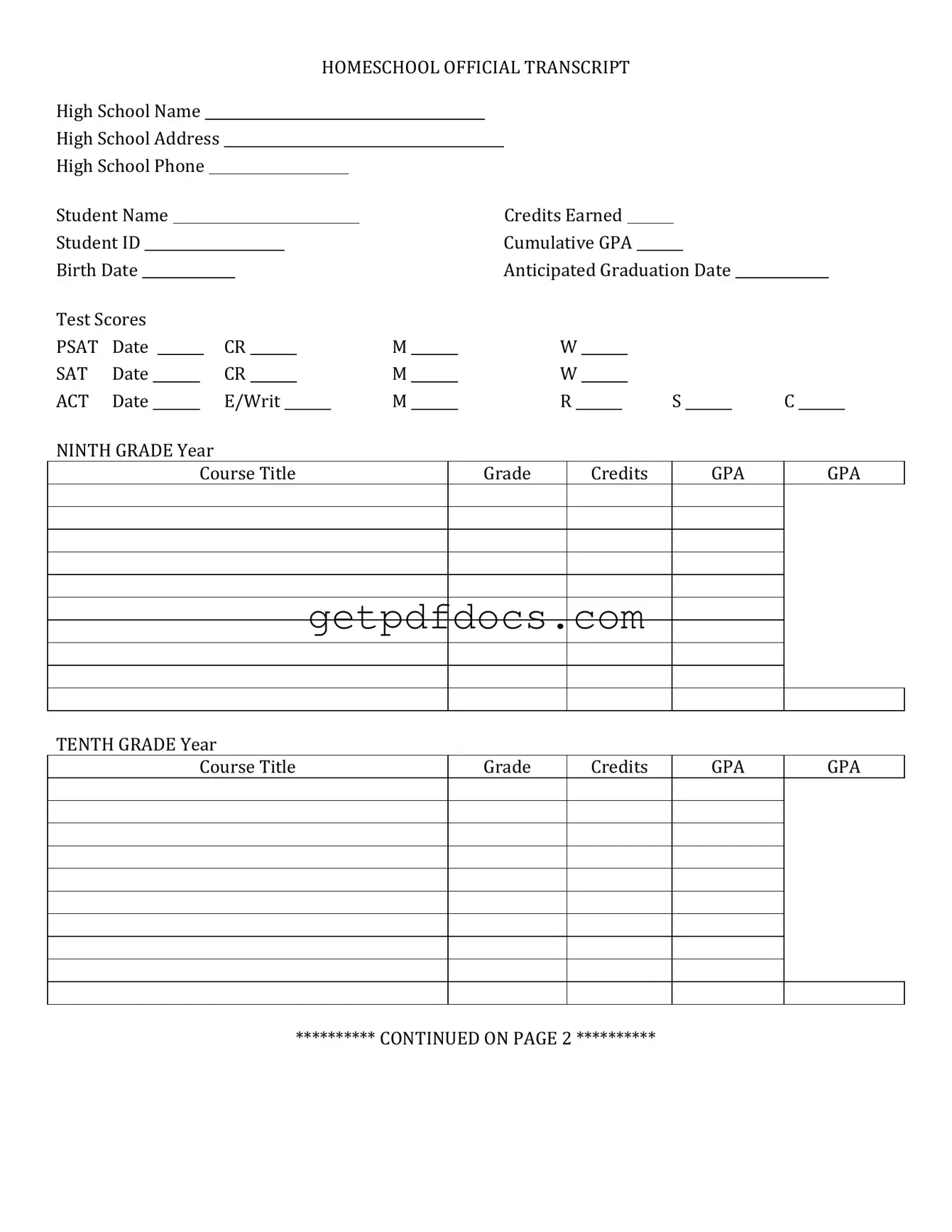 Fill in a Valid High School Transcript Template