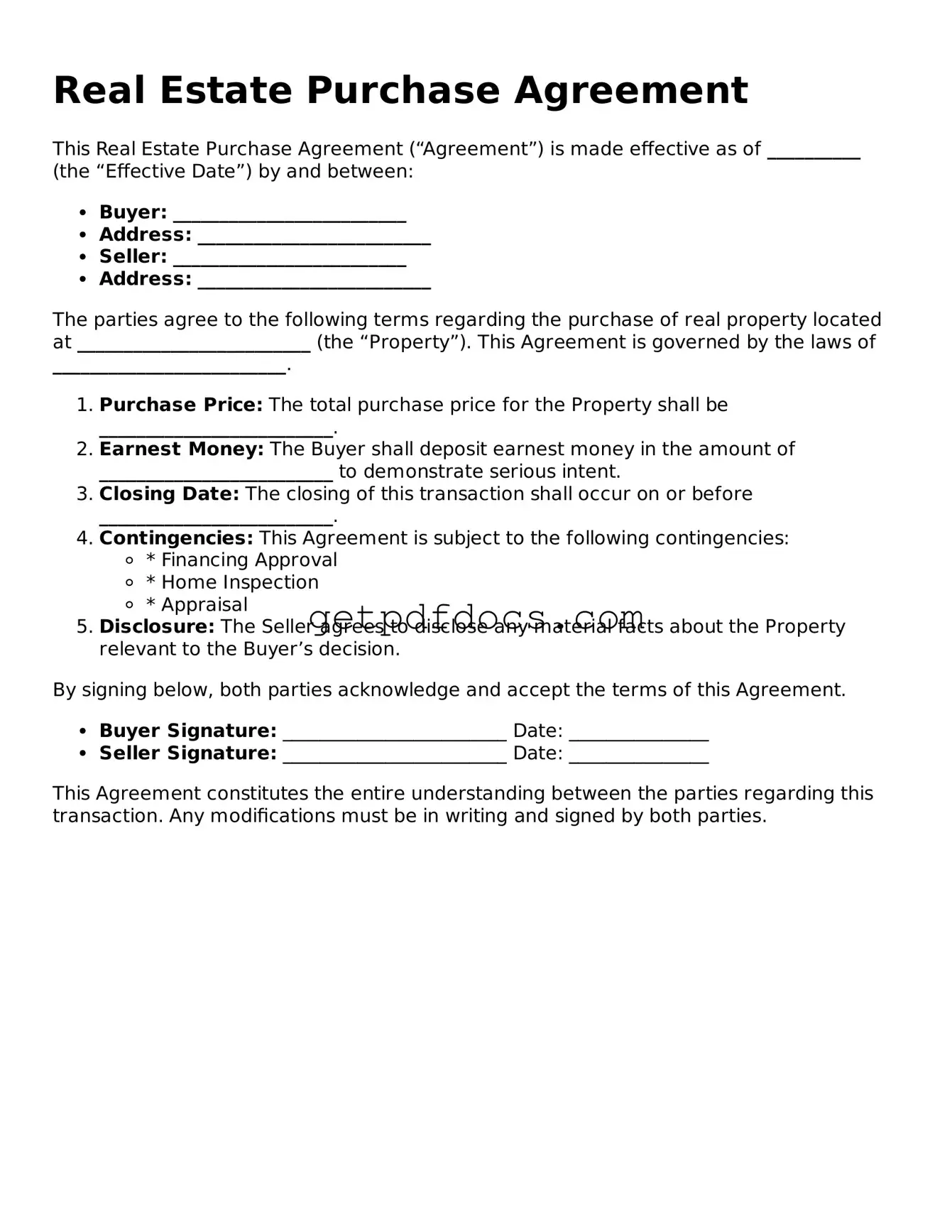Printable Real Estate Purchase Agreement Template