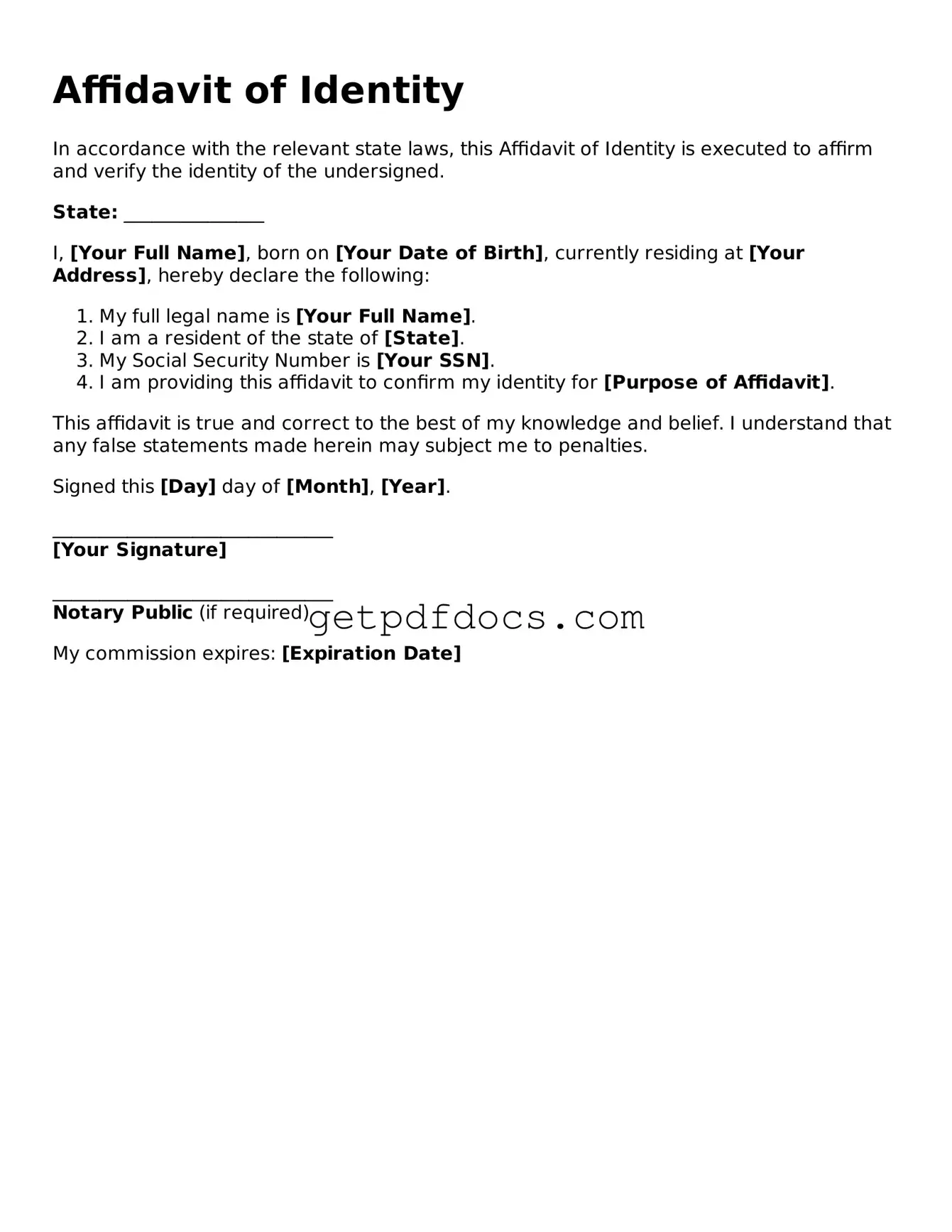 Printable Affidavit of Identity Template