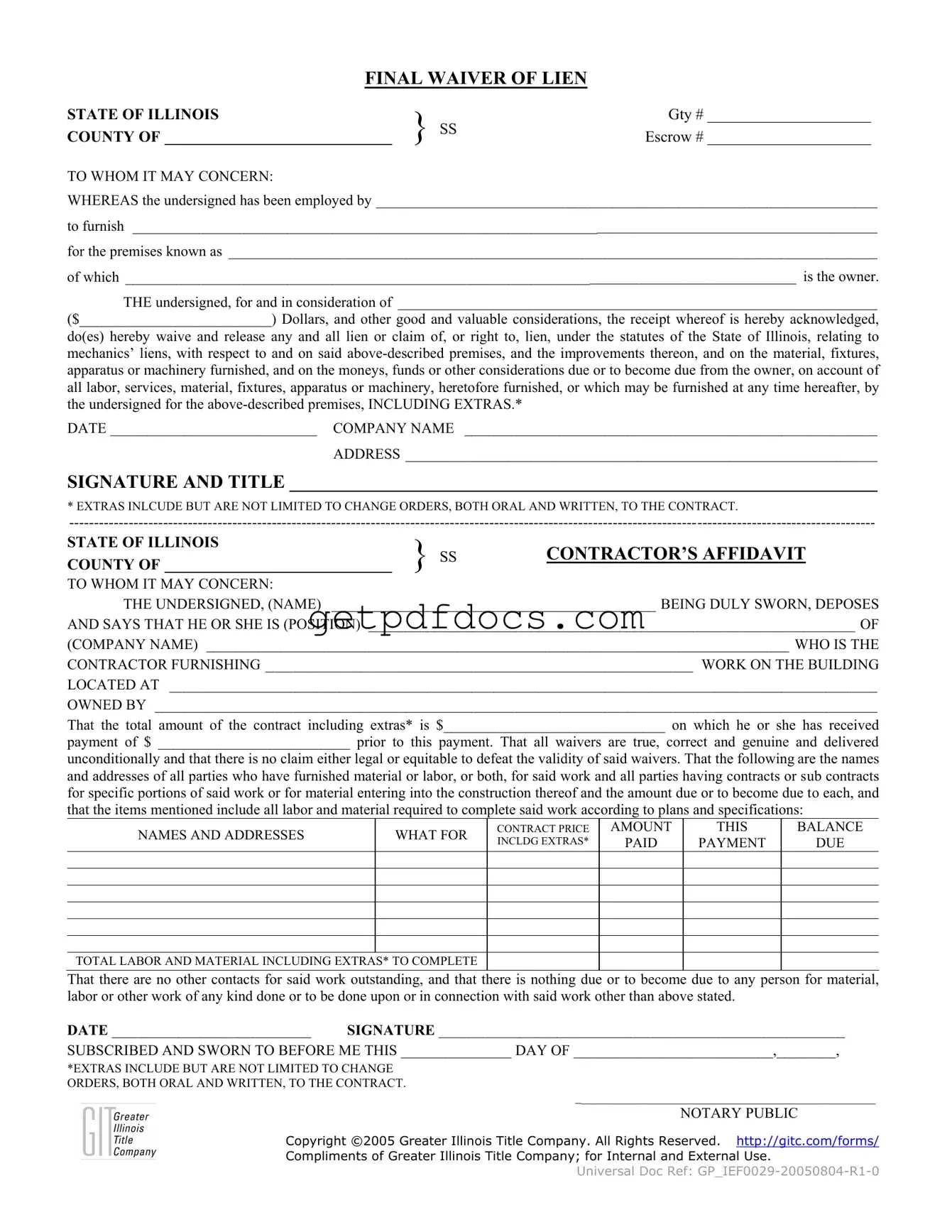 Fill in a Valid Illinois Final Waiver Of Lien Template