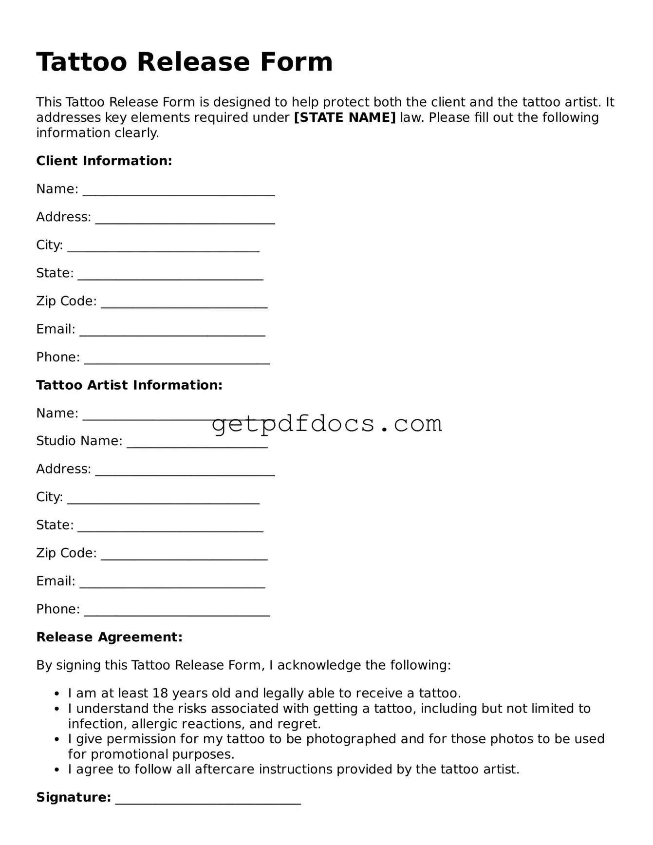 Printable Tattoo Release Template