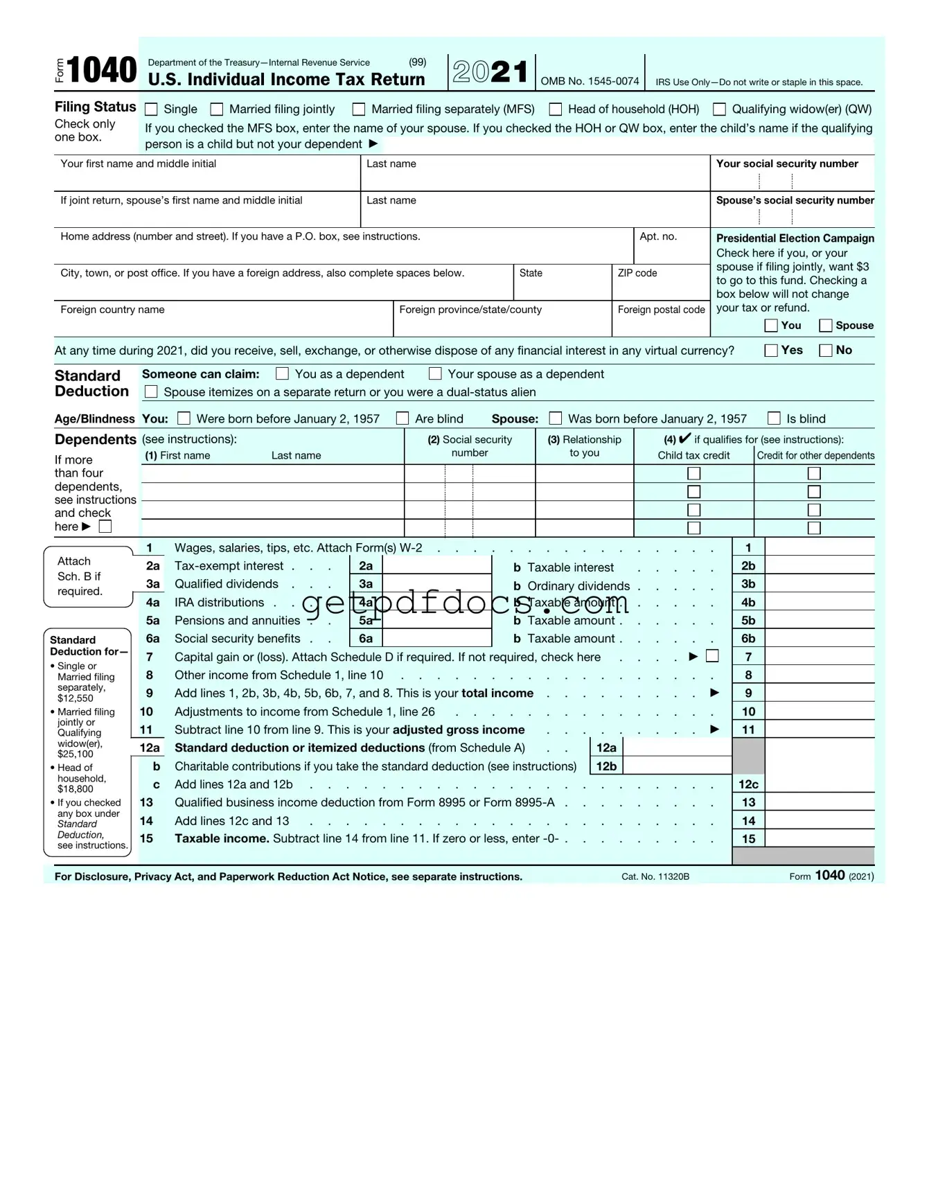 Fill in a Valid IRS 1040 Template