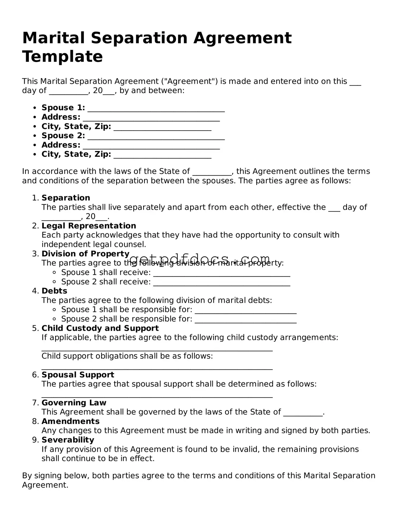 Printable Marital Separation Agreement Template