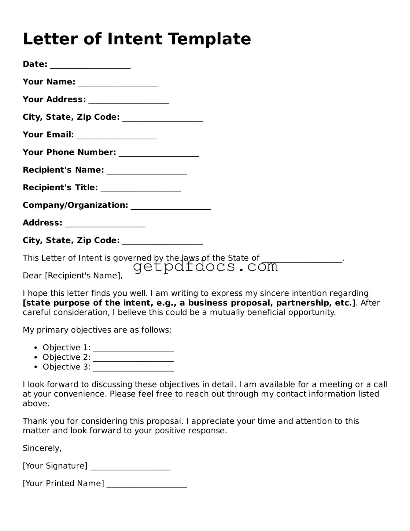 Printable Letter of Intent Template