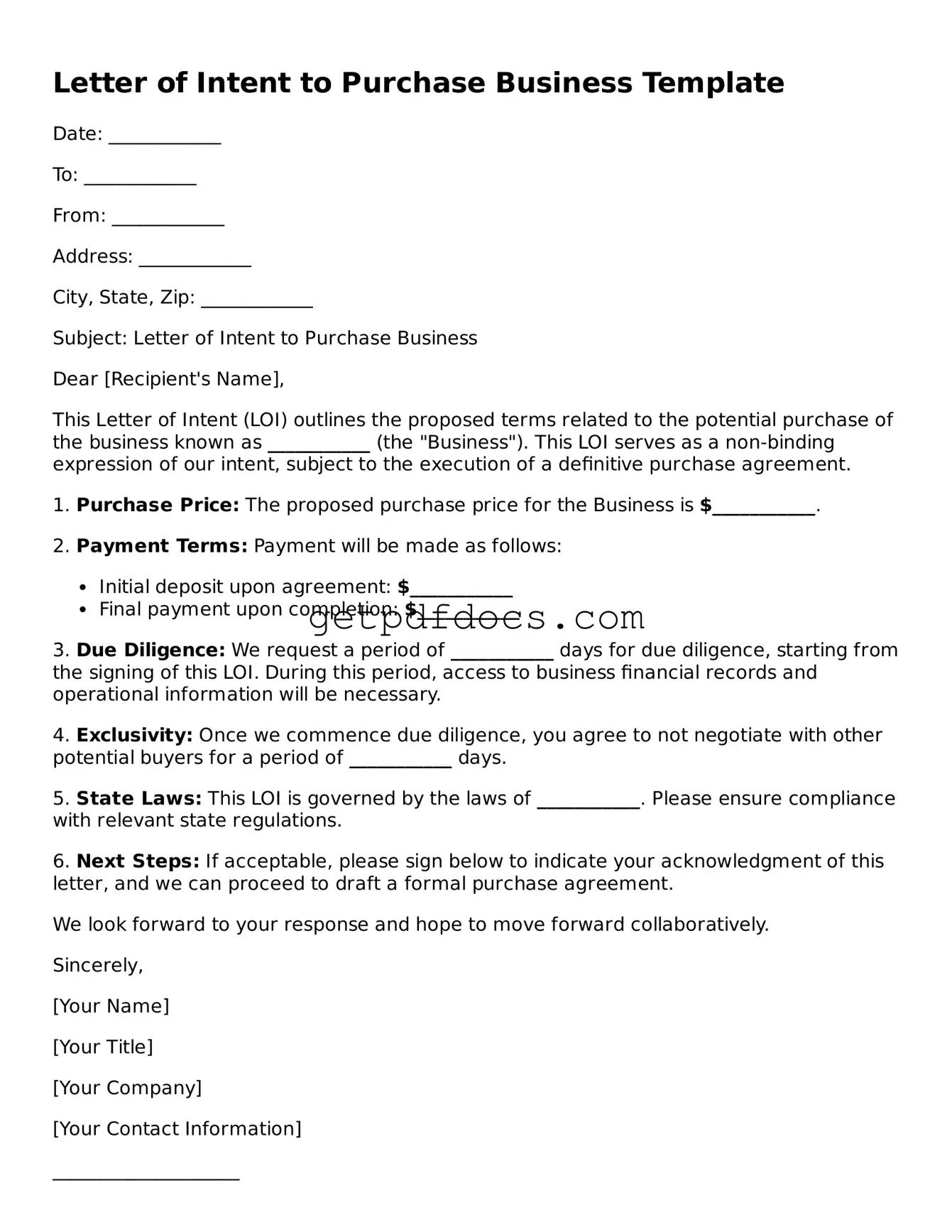 Printable Letter of Intent to Purchase Business Template