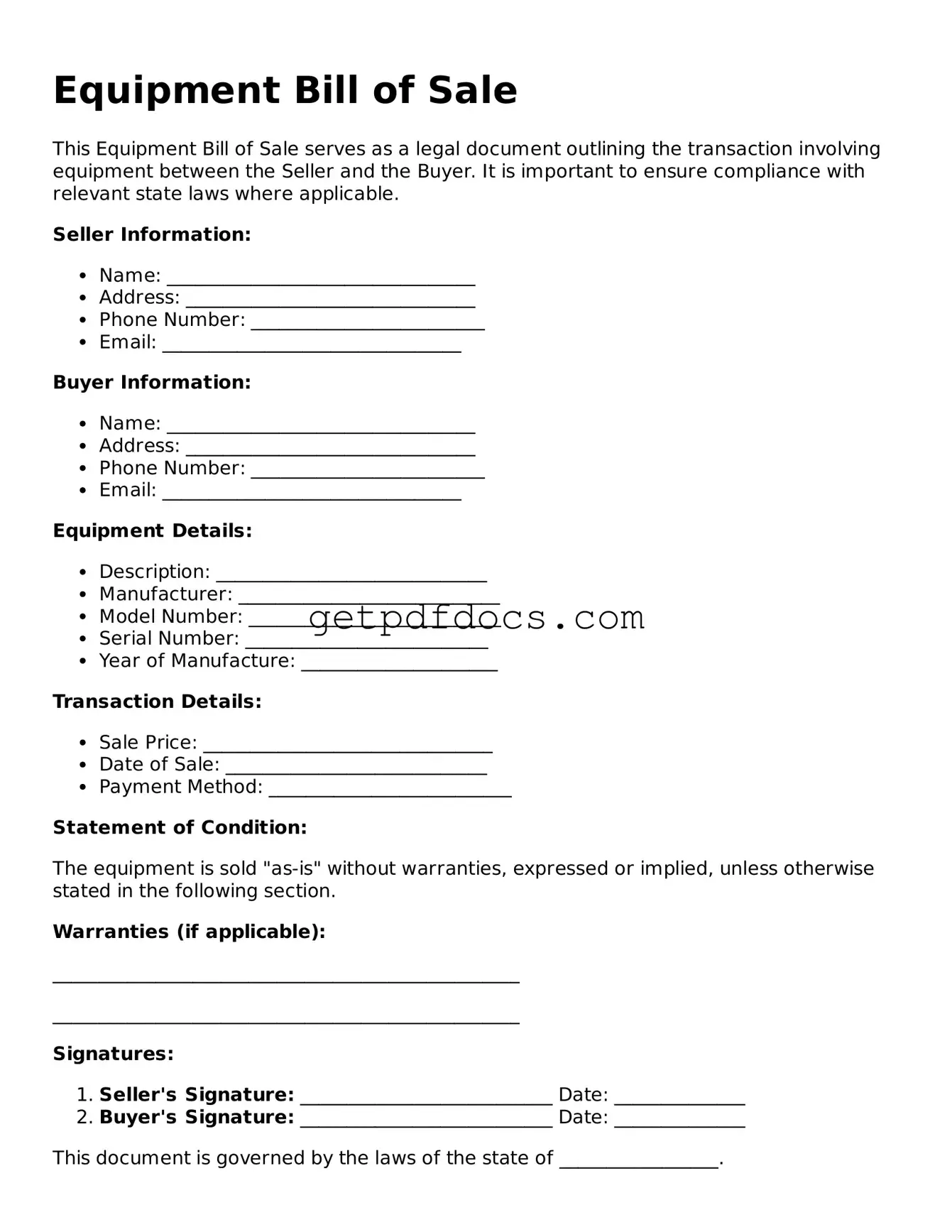 Printable Equipment Bill of Sale Template