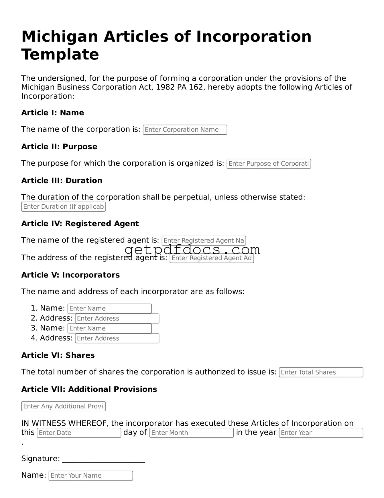 Attorney-Approved Articles of Incorporation Form for Michigan State