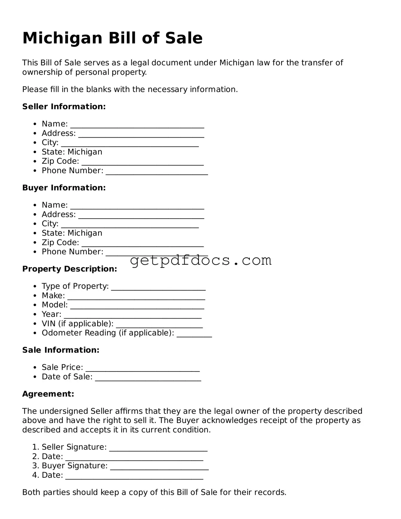 Attorney-Approved Bill of Sale Form for Michigan State
