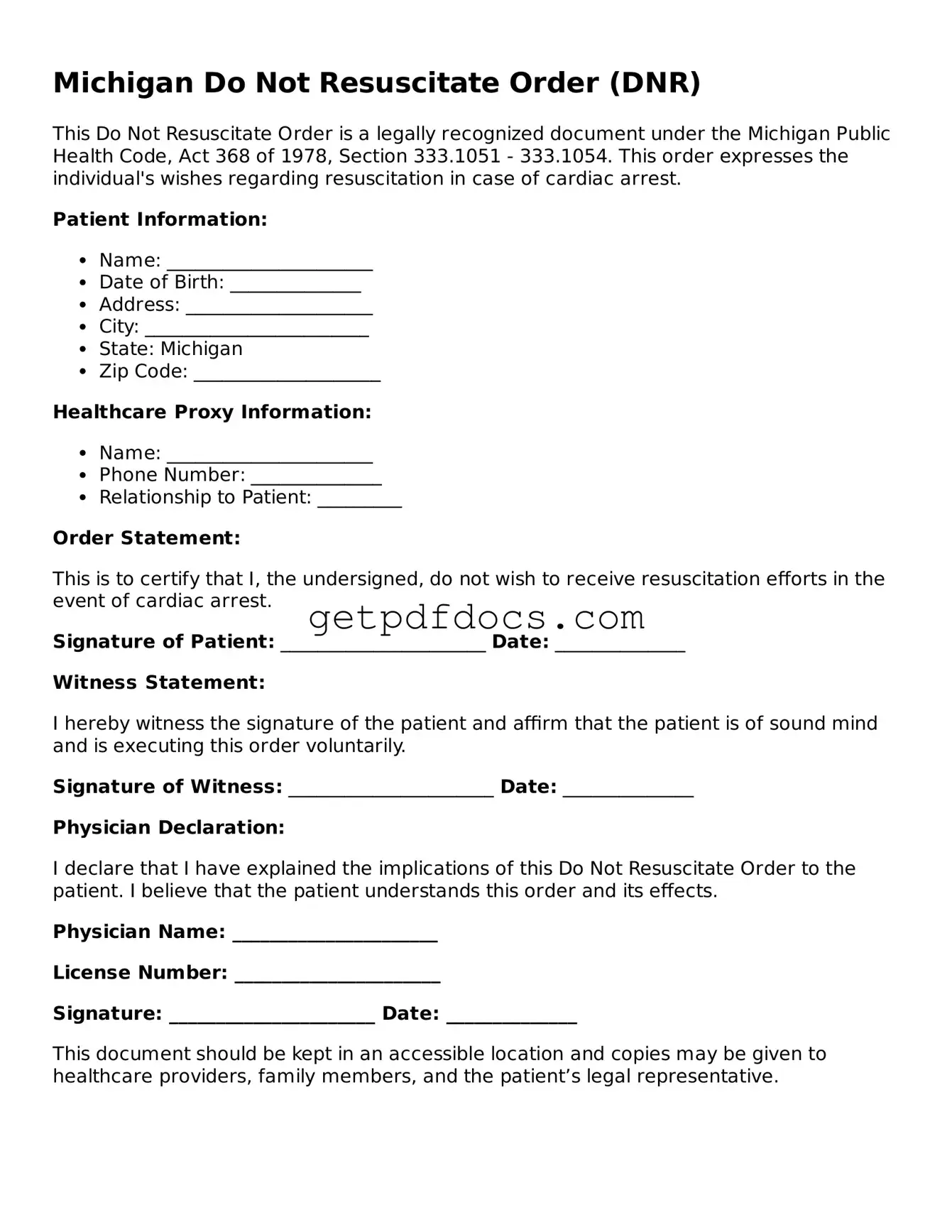 Attorney-Approved Do Not Resuscitate Order Form for Michigan State