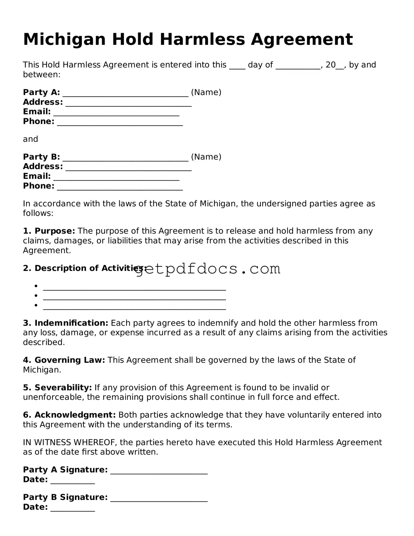 Attorney-Approved Hold Harmless Agreement Form for Michigan State
