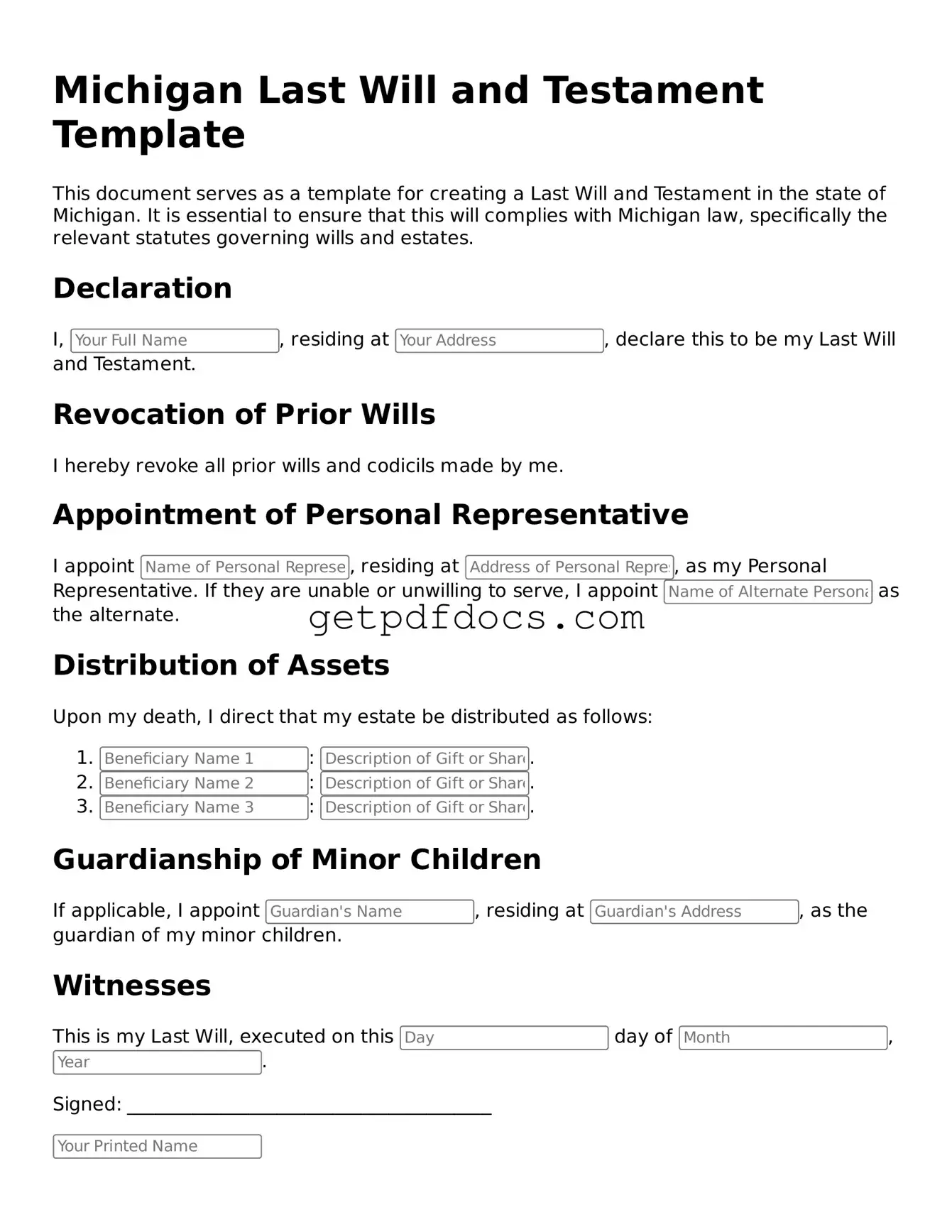 Attorney-Approved Last Will and Testament Form for Michigan State