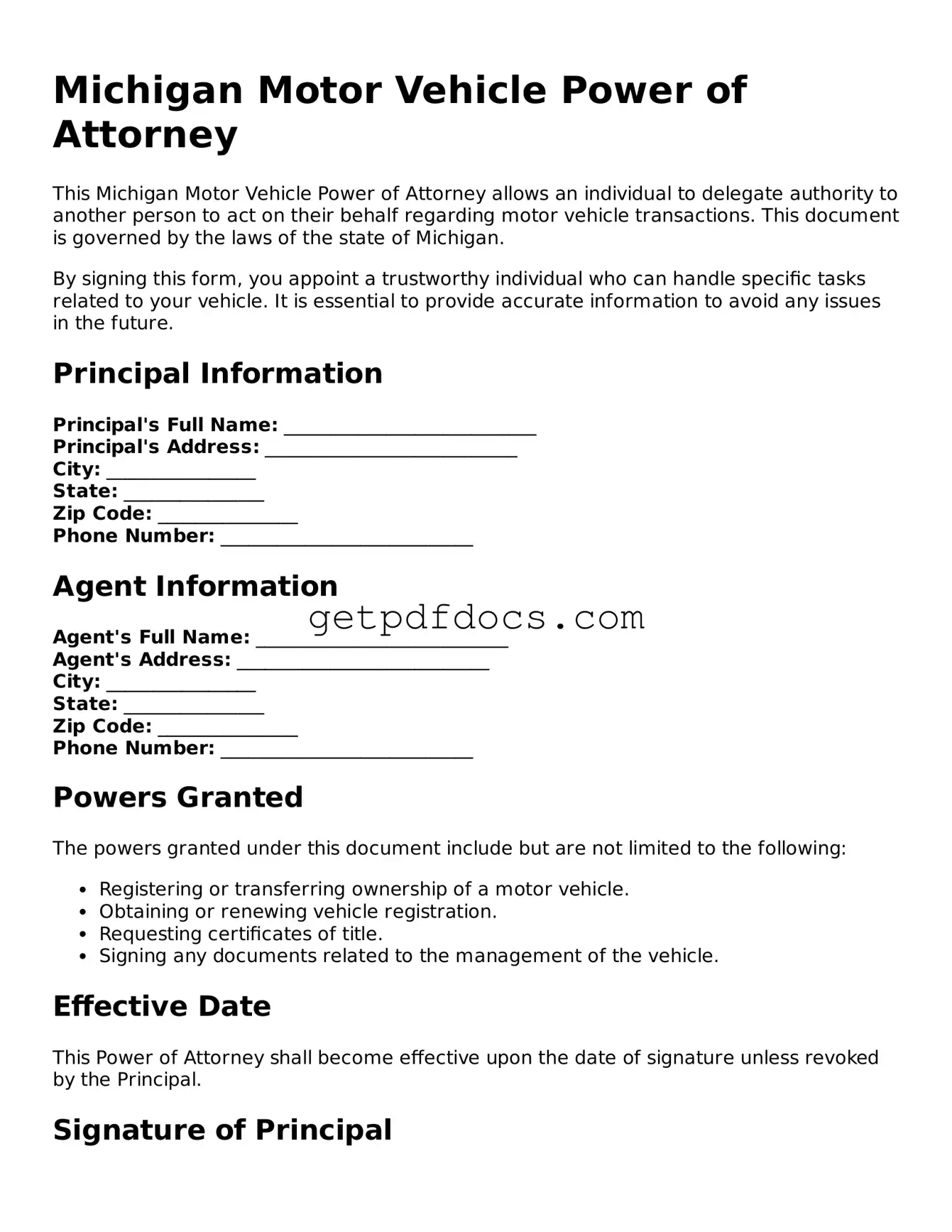Attorney-Approved Motor Vehicle Power of Attorney Form for Michigan State