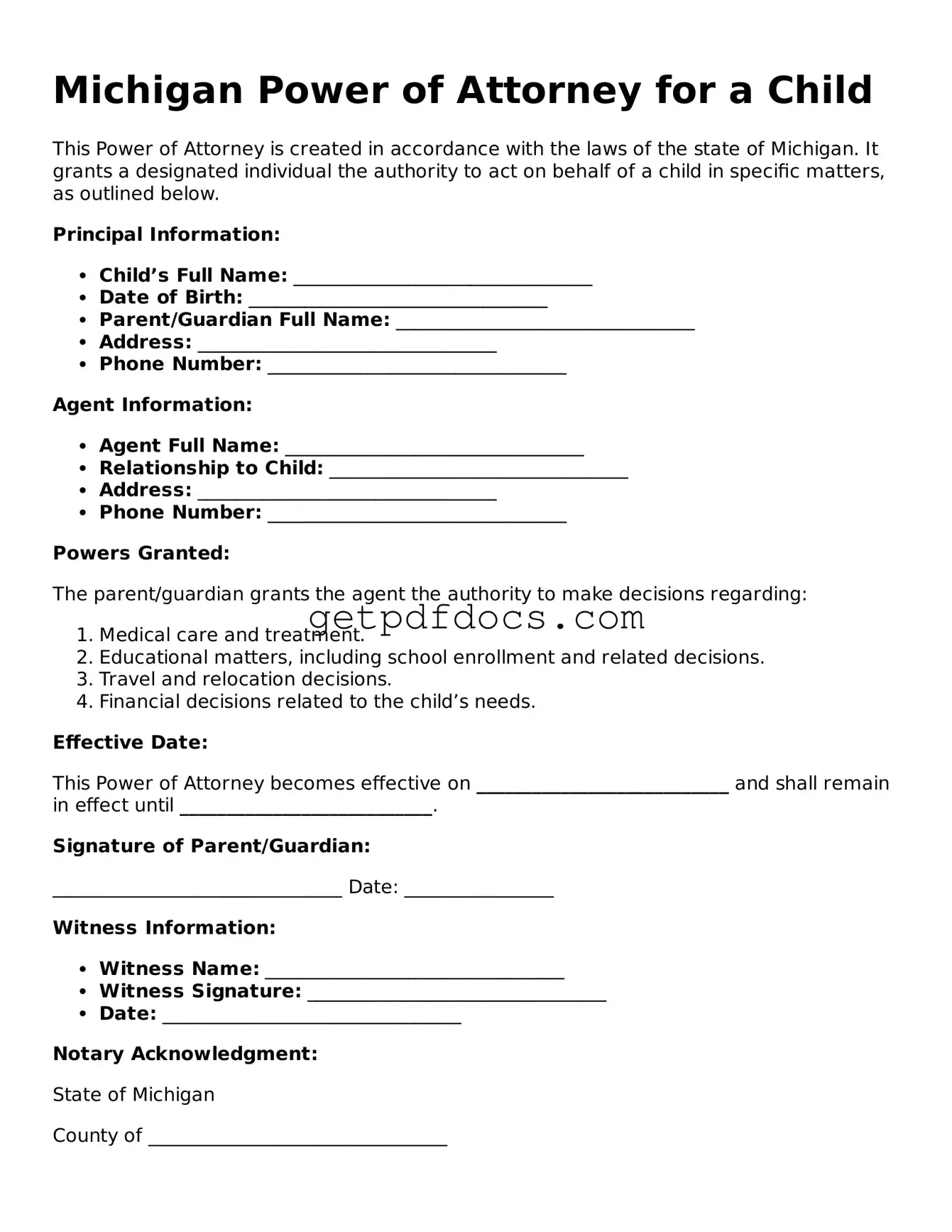 Attorney-Approved Power of Attorney for a Child Form for Michigan State