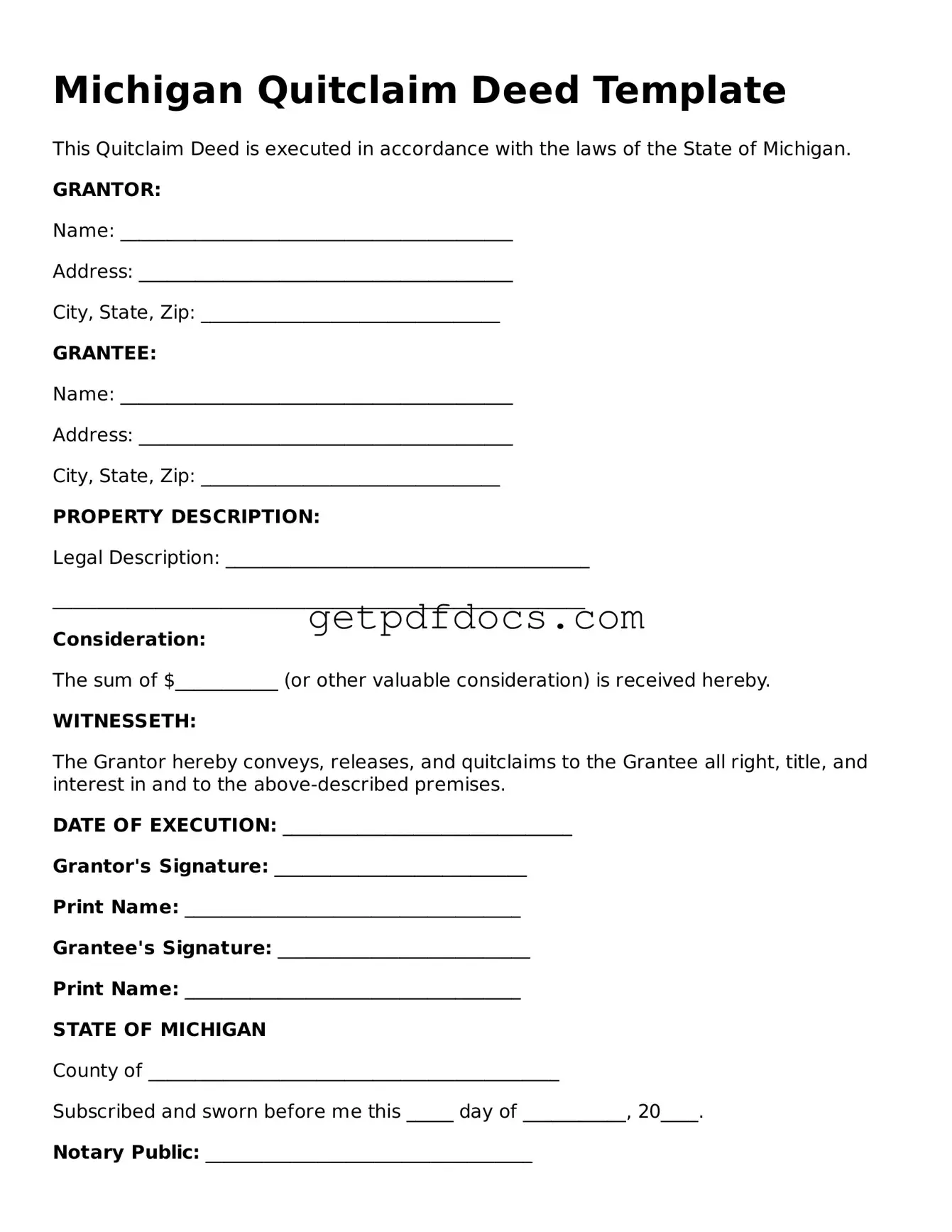 Attorney-Approved Quitclaim Deed Form for Michigan State