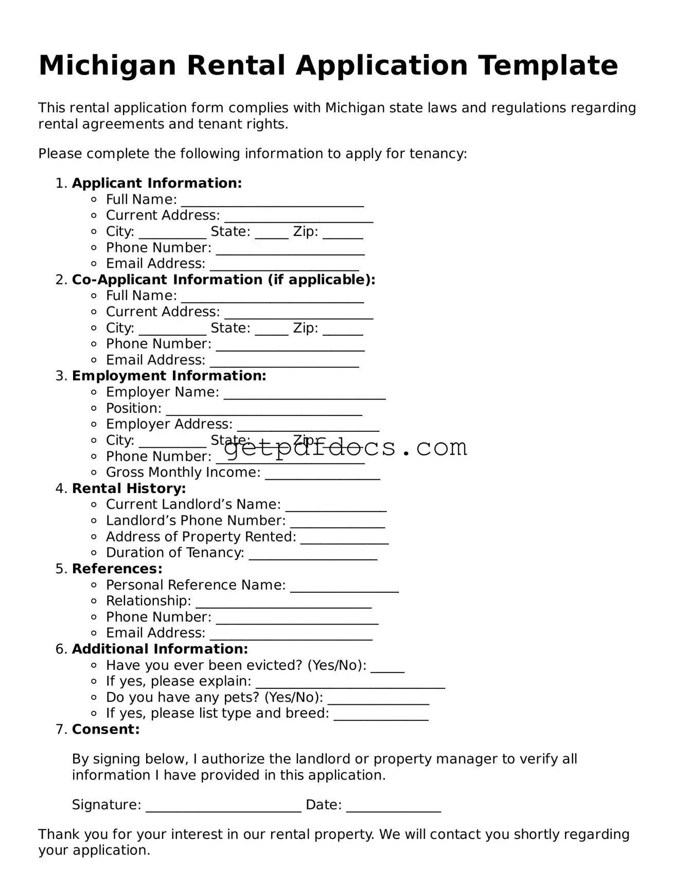 Attorney-Approved Rental Application Form for Michigan State