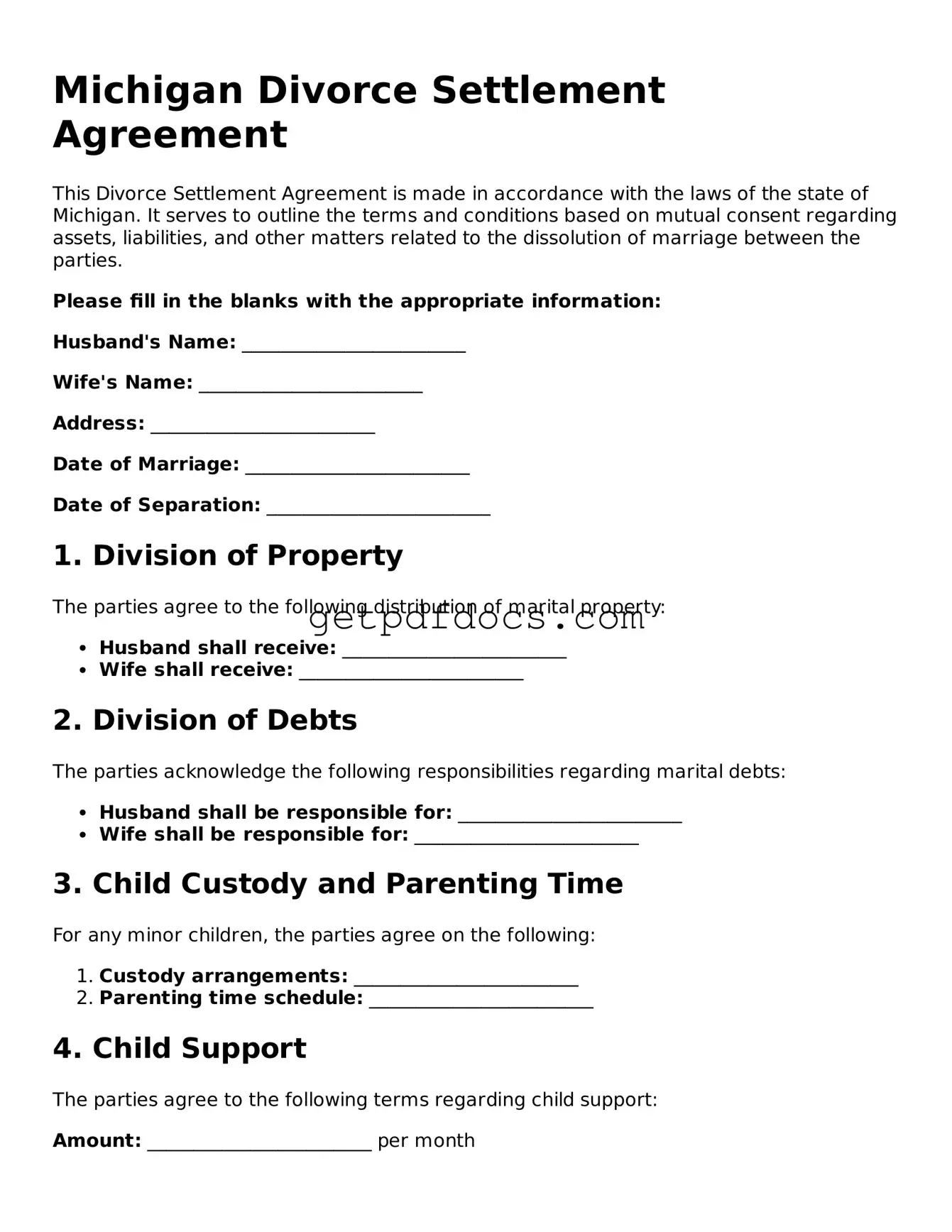Attorney-Approved Divorce Settlement Agreement Form for Michigan State
