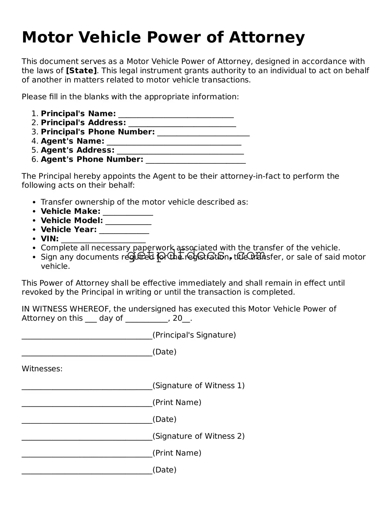 Printable Motor Vehicle Power of Attorney Template