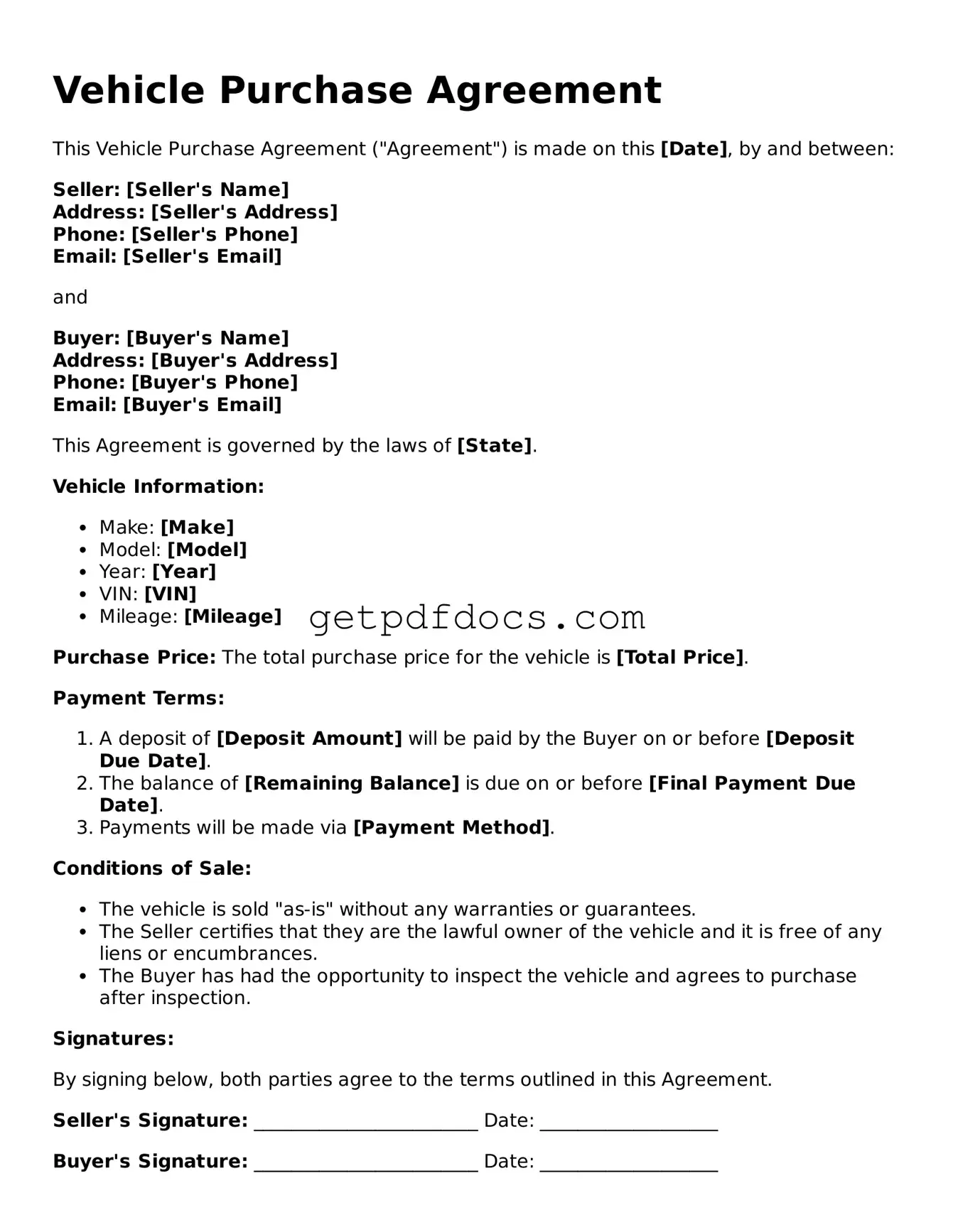Printable Vehicle Purchase Agreement Template