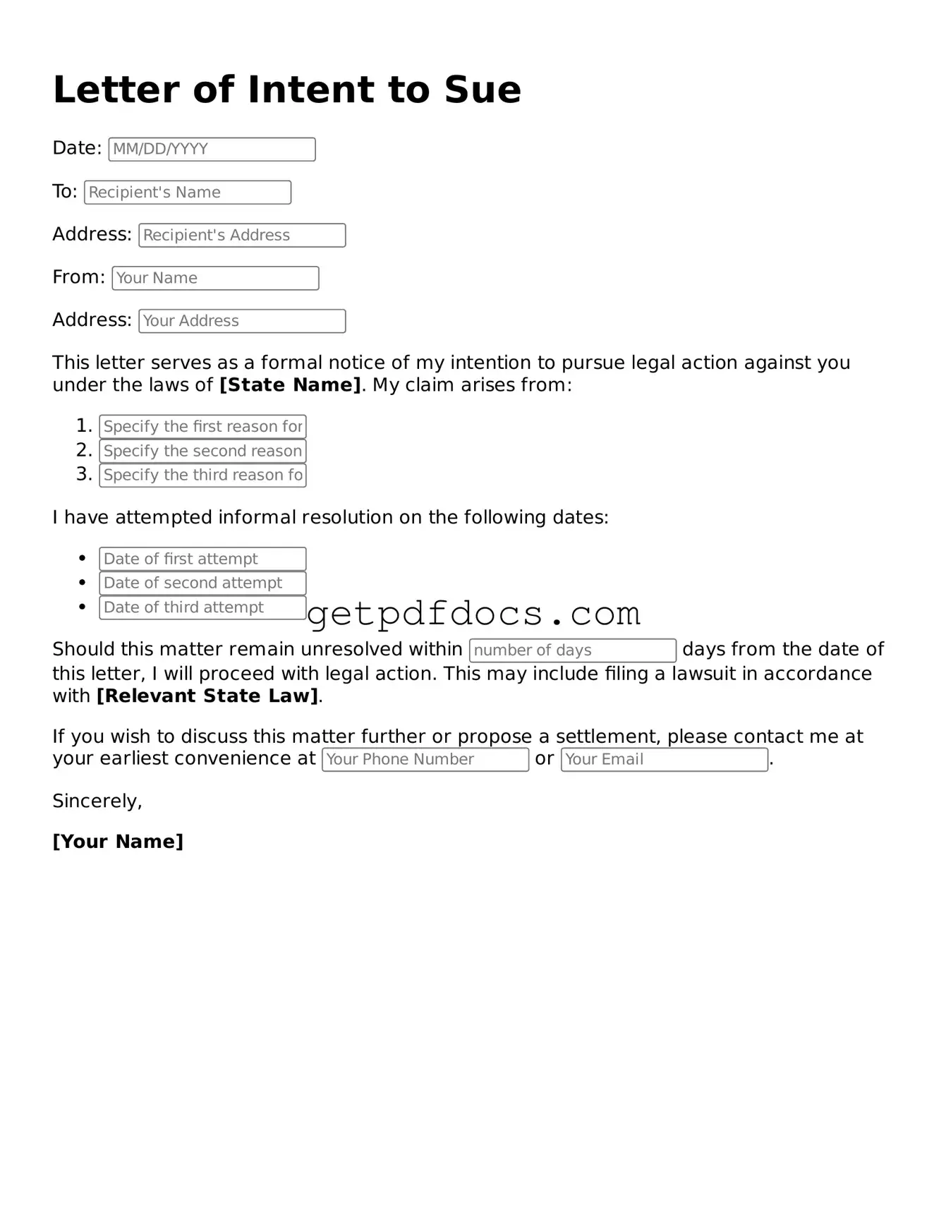 Printable Letter of Intent to Sue Template