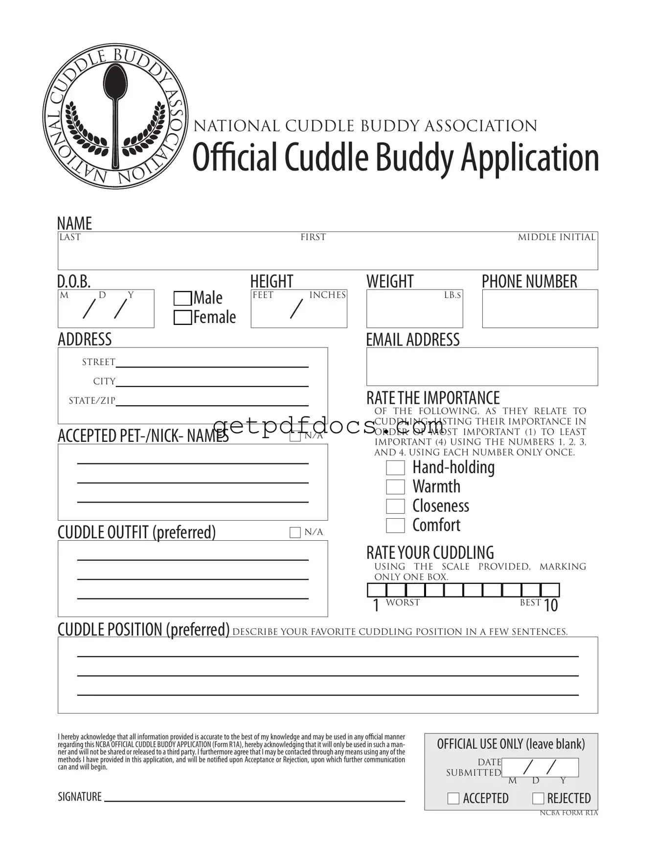 Fill in a Valid Cuddle Buddy Application Template