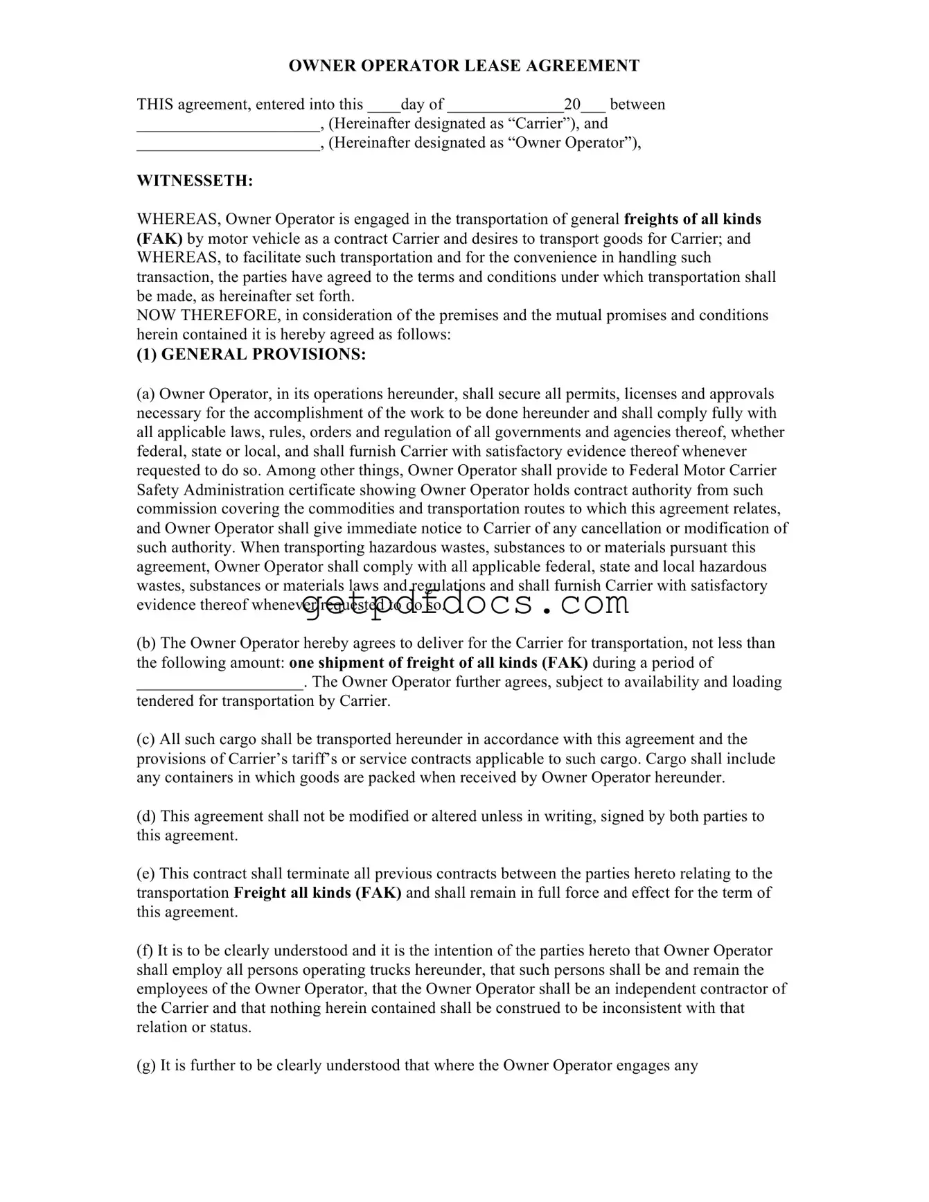 Fill in a Valid Owner Operator Lease Agreement Template