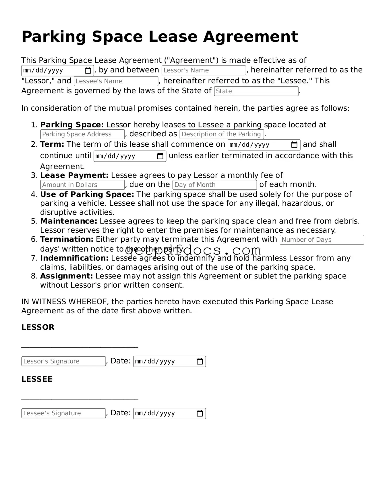 Printable Parking Space Lease Agreement Template