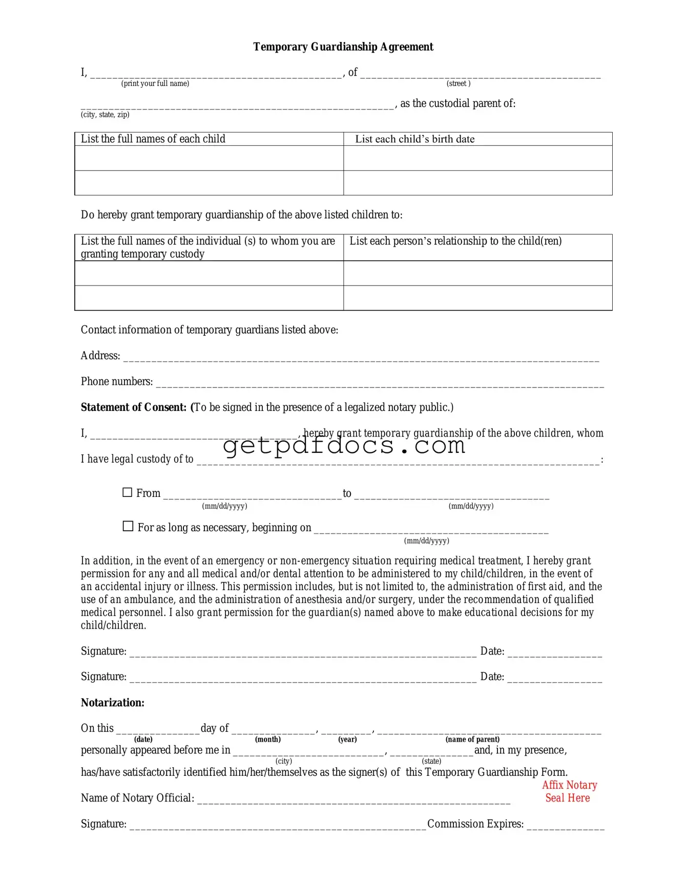 Fill in a Valid Temporary Custody Template