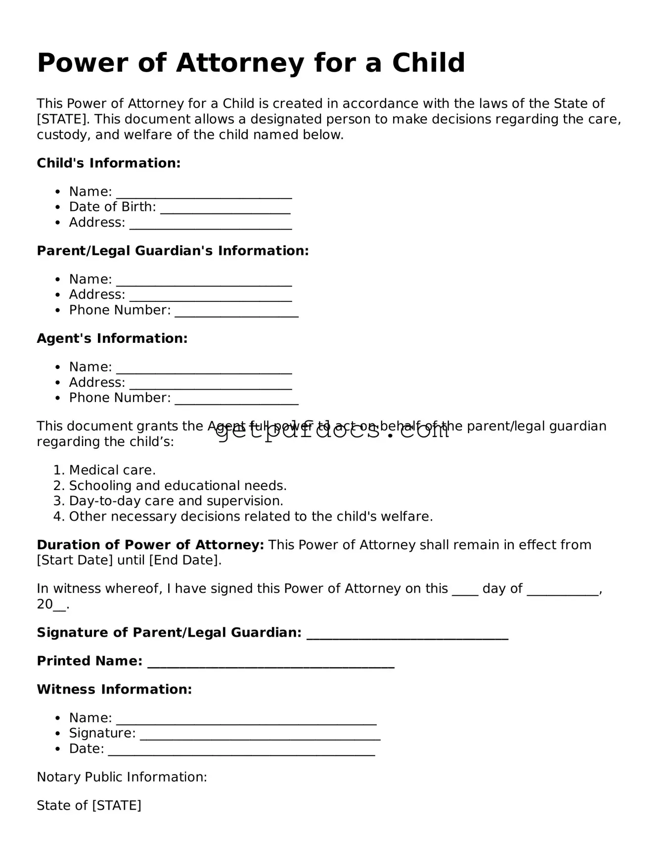 Printable Power of Attorney for a Child Template