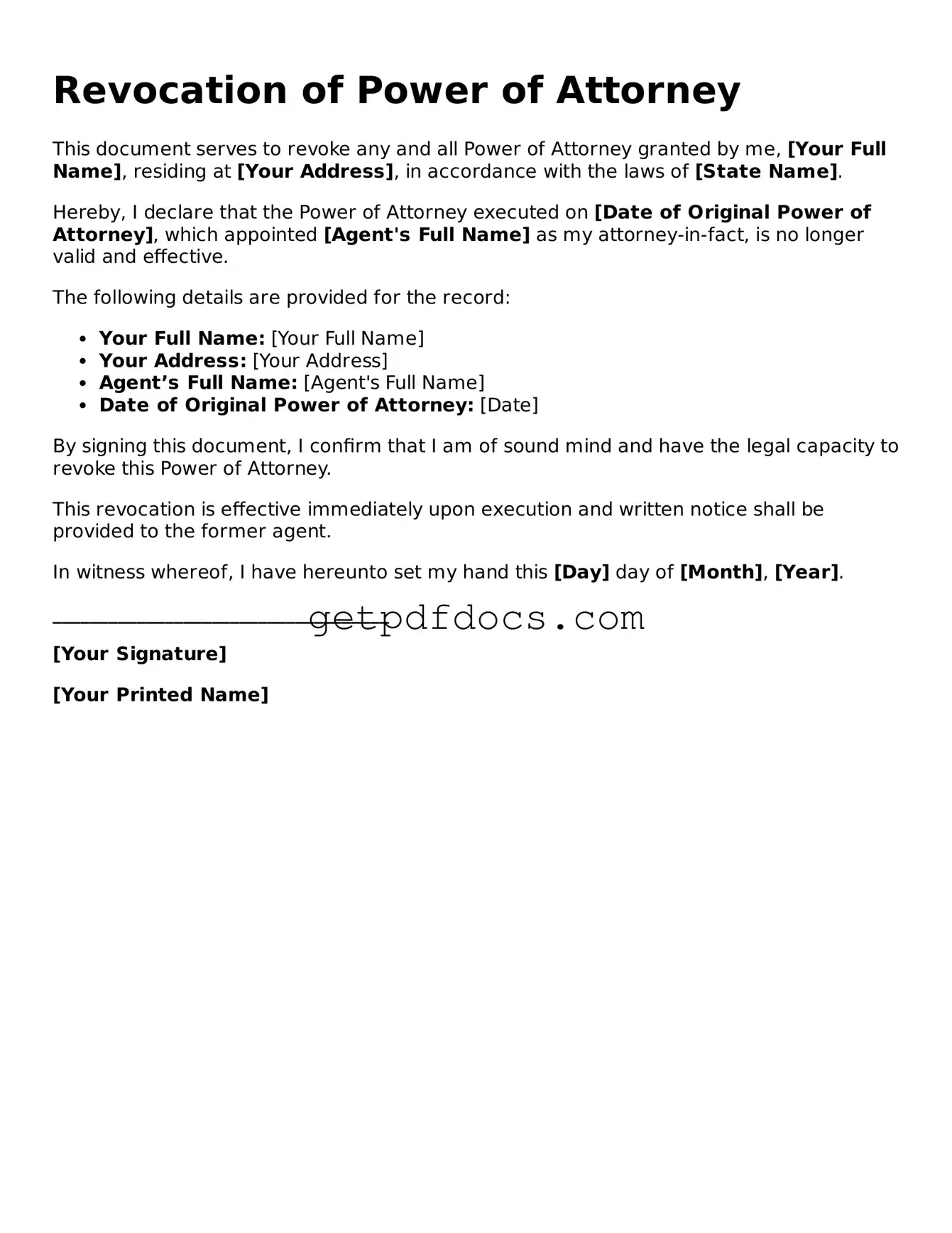 Printable Revocation of Power of Attorney Template