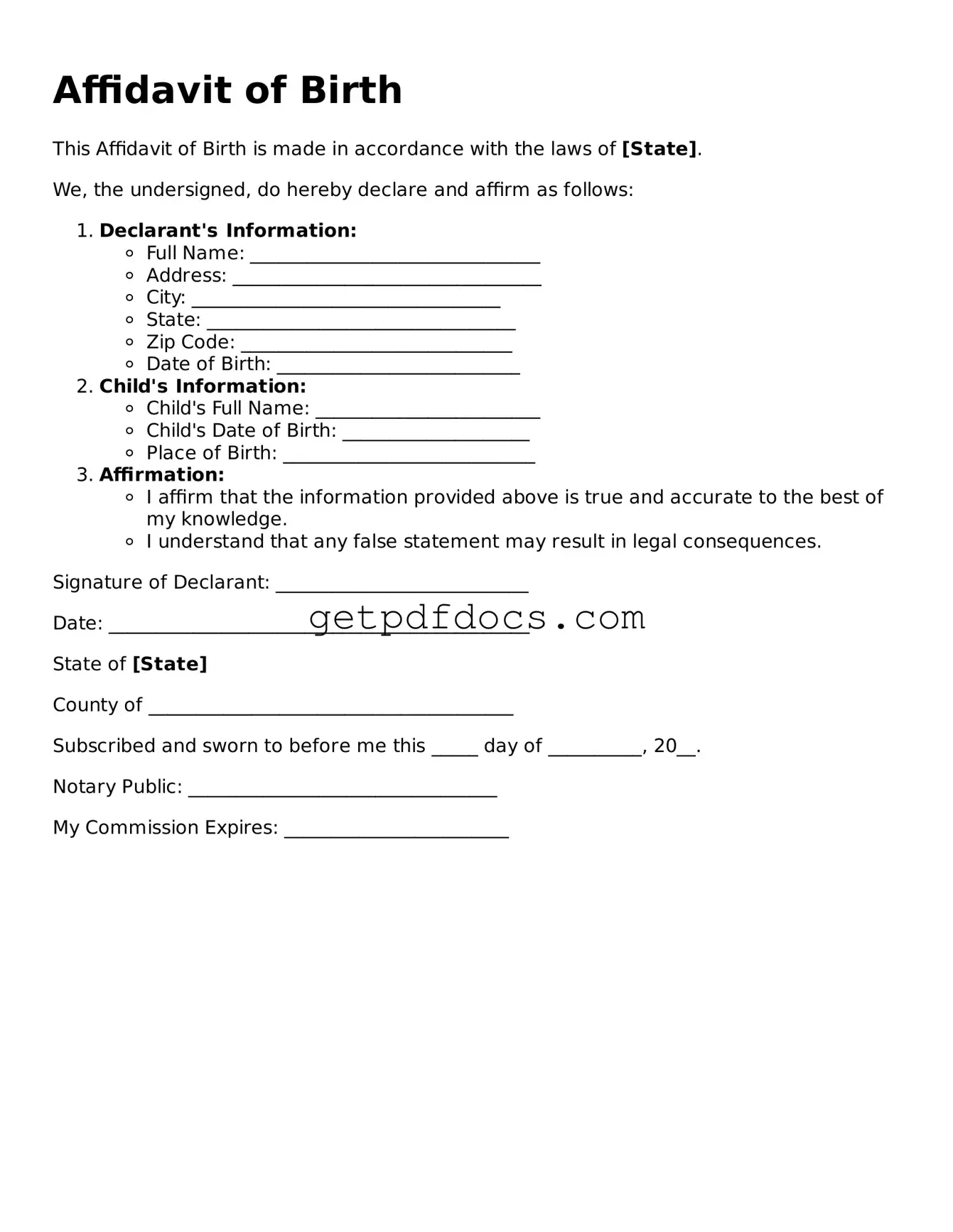 Printable Affidavit of Birth Template