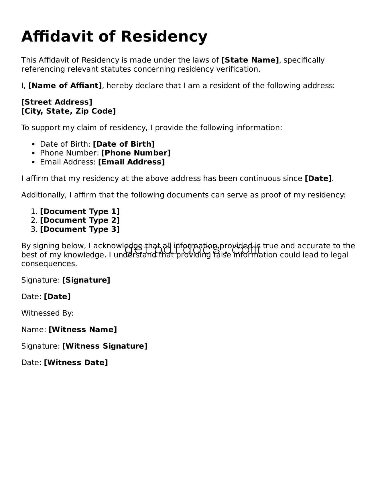 Printable Affidavit of Residency Template